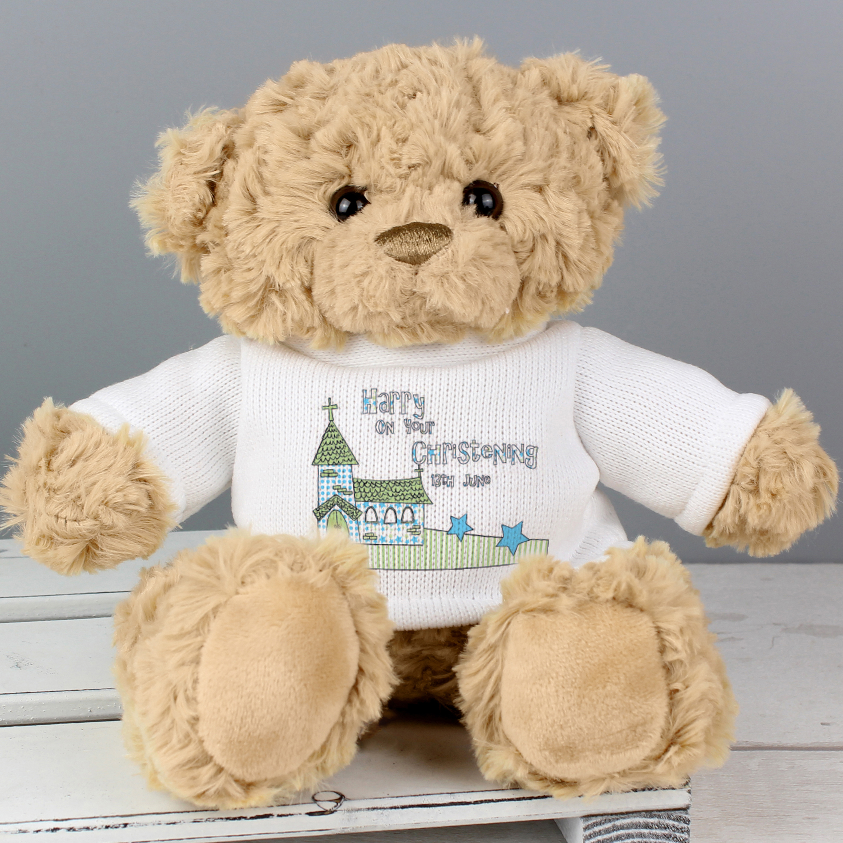 Personalised Church Teddy Bear - Blue with Custom Name & Date