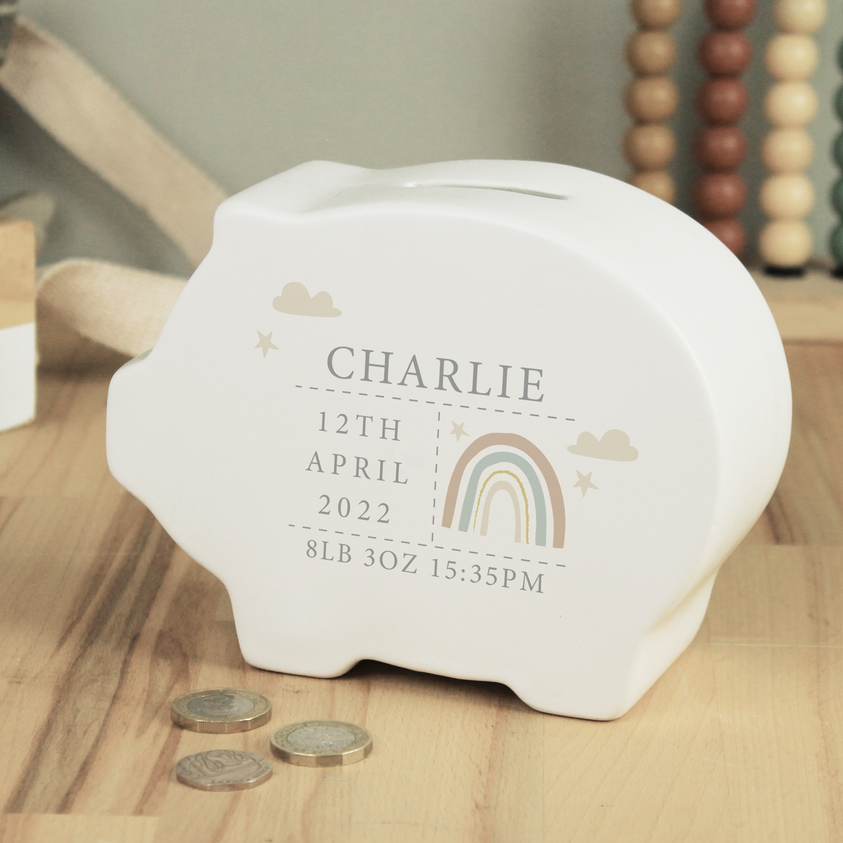 Personalised Rainbow Piggy Bank | Ceramic Baby Money Box