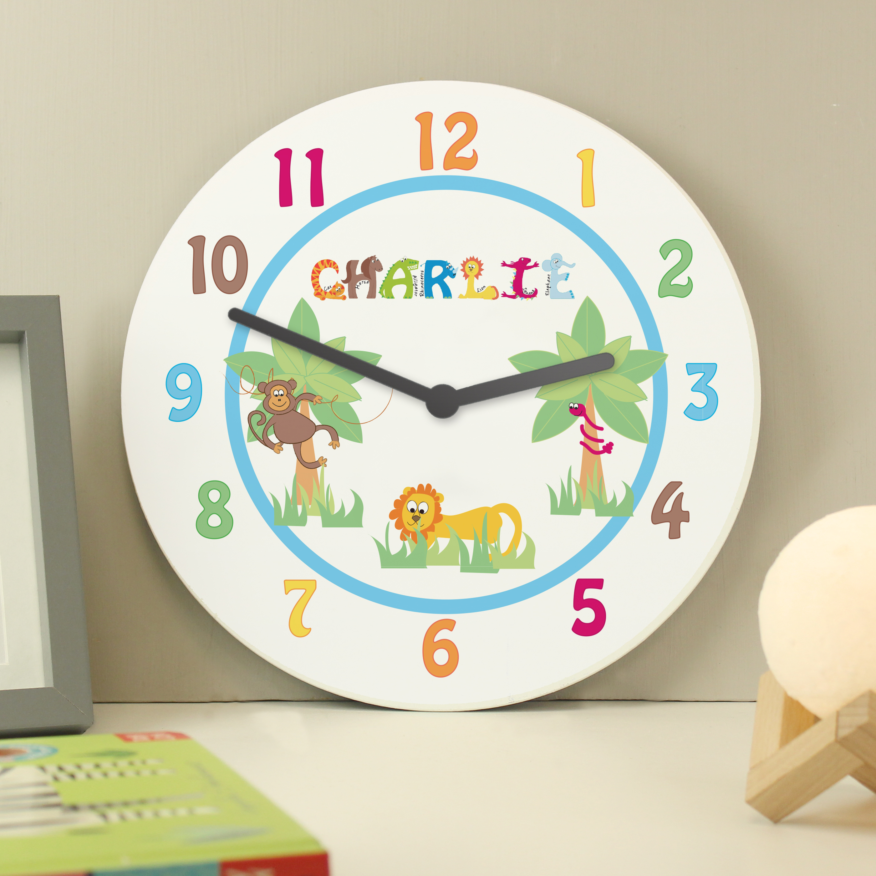 Personalised Blue Animal Alphabet Clock | Custom Name Gift