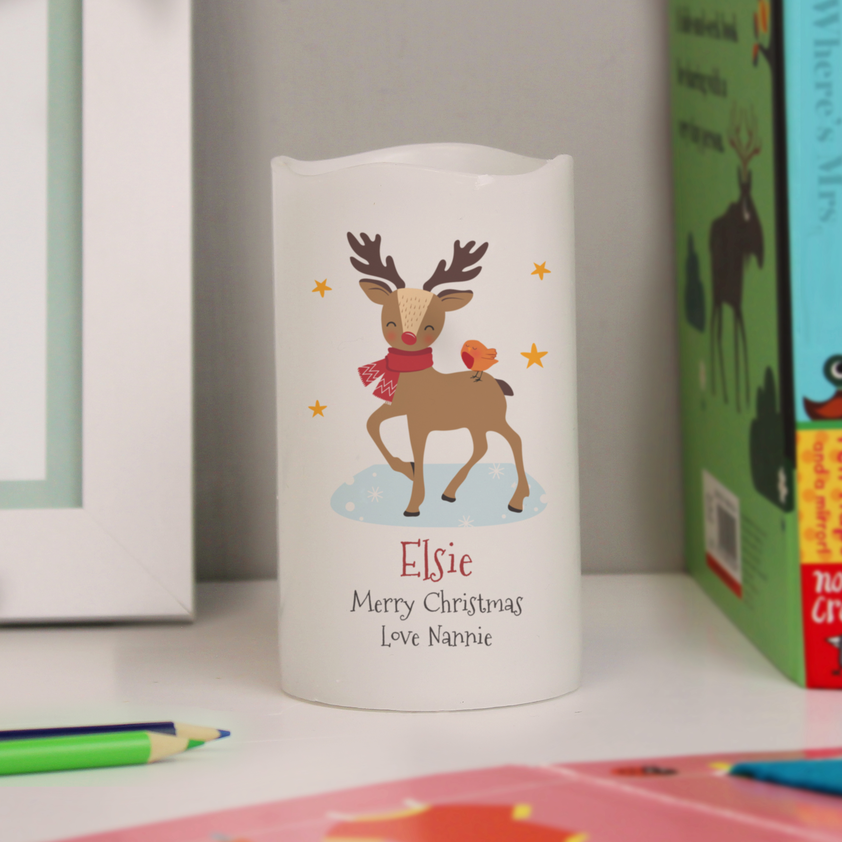 Personalised Christmas Reindeer LED Candle | Festive Flame Effect