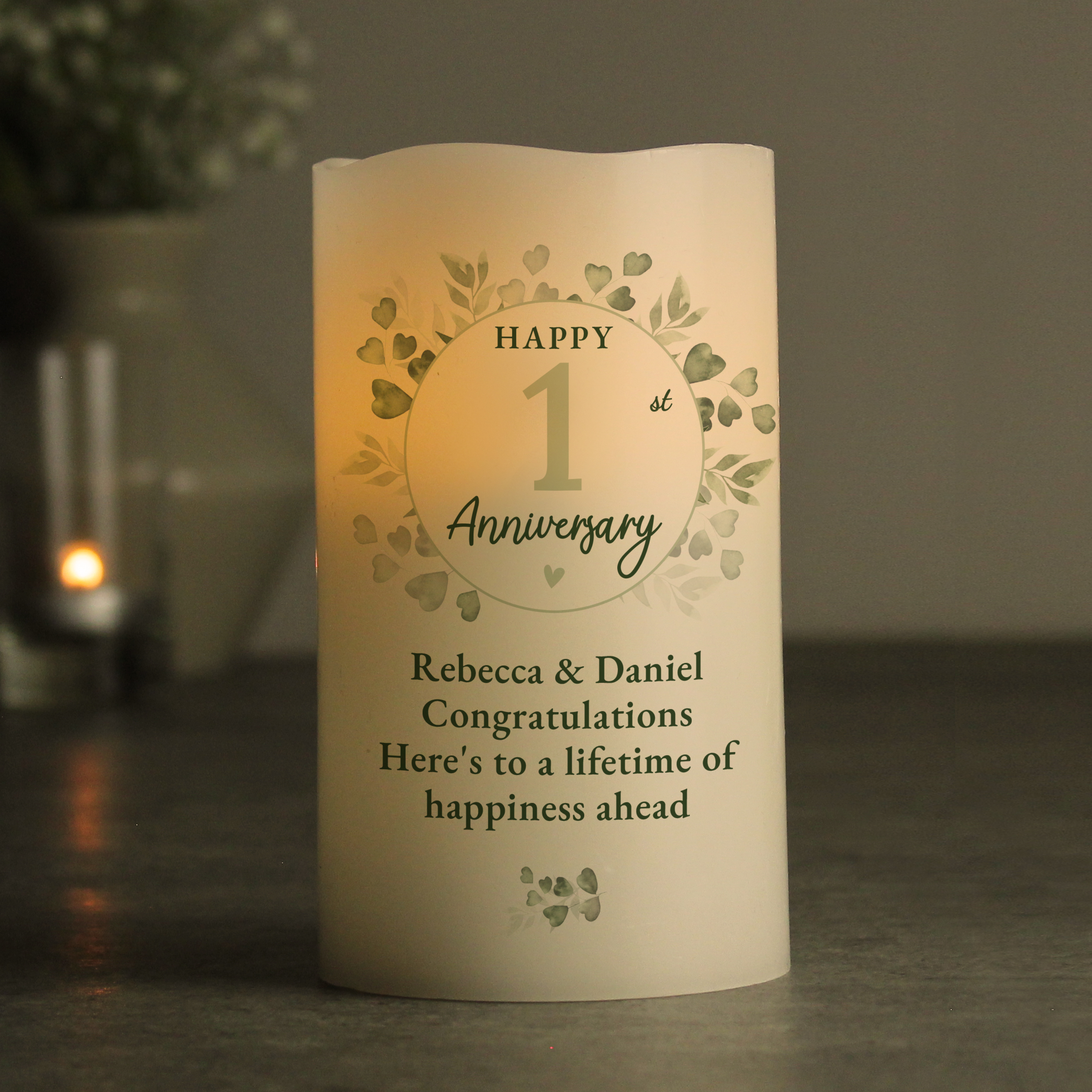 Personalised Anniversary LED Candle | Custom Botanical Design