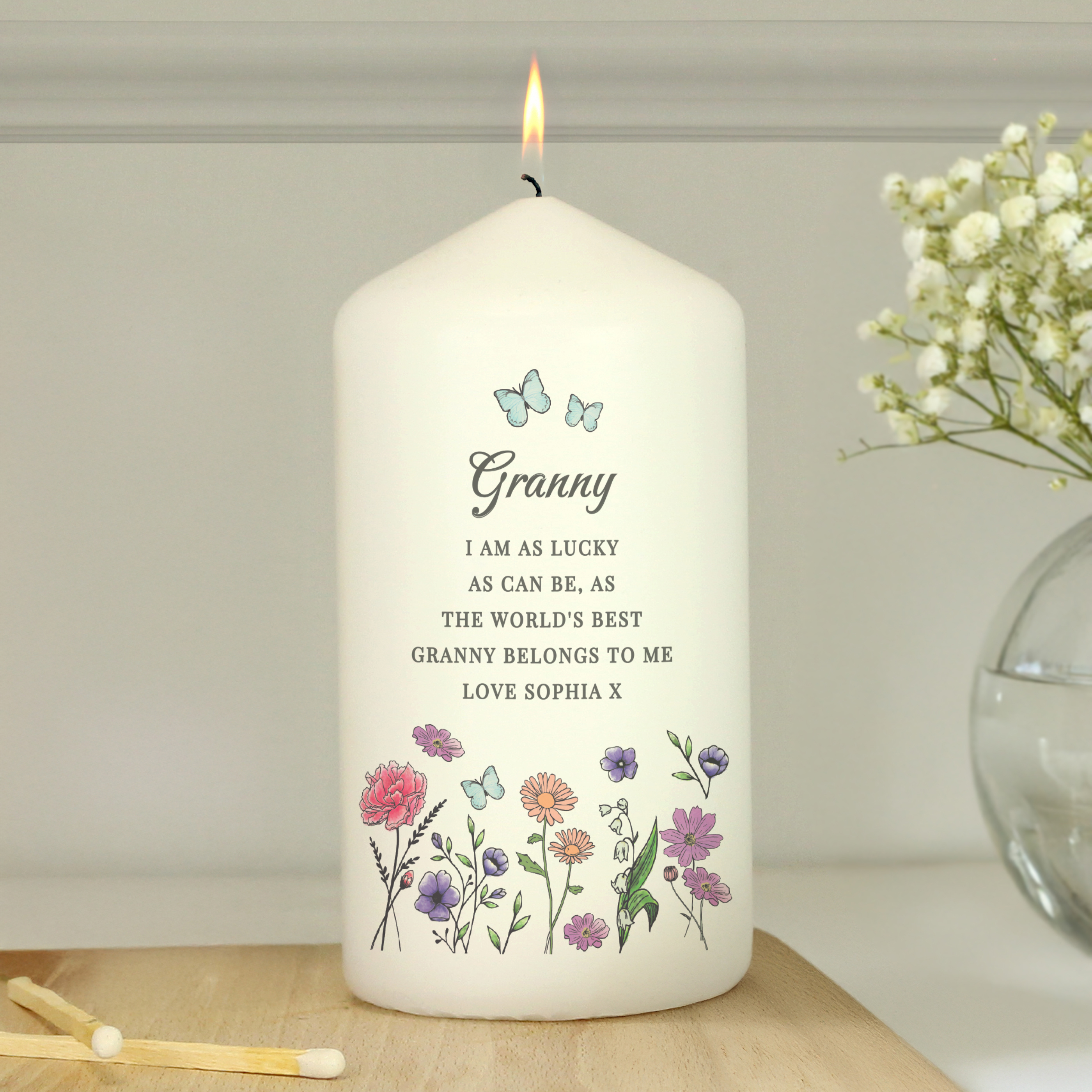 Personalised Wild Flowers Pillar Candle - Custom Message Gift