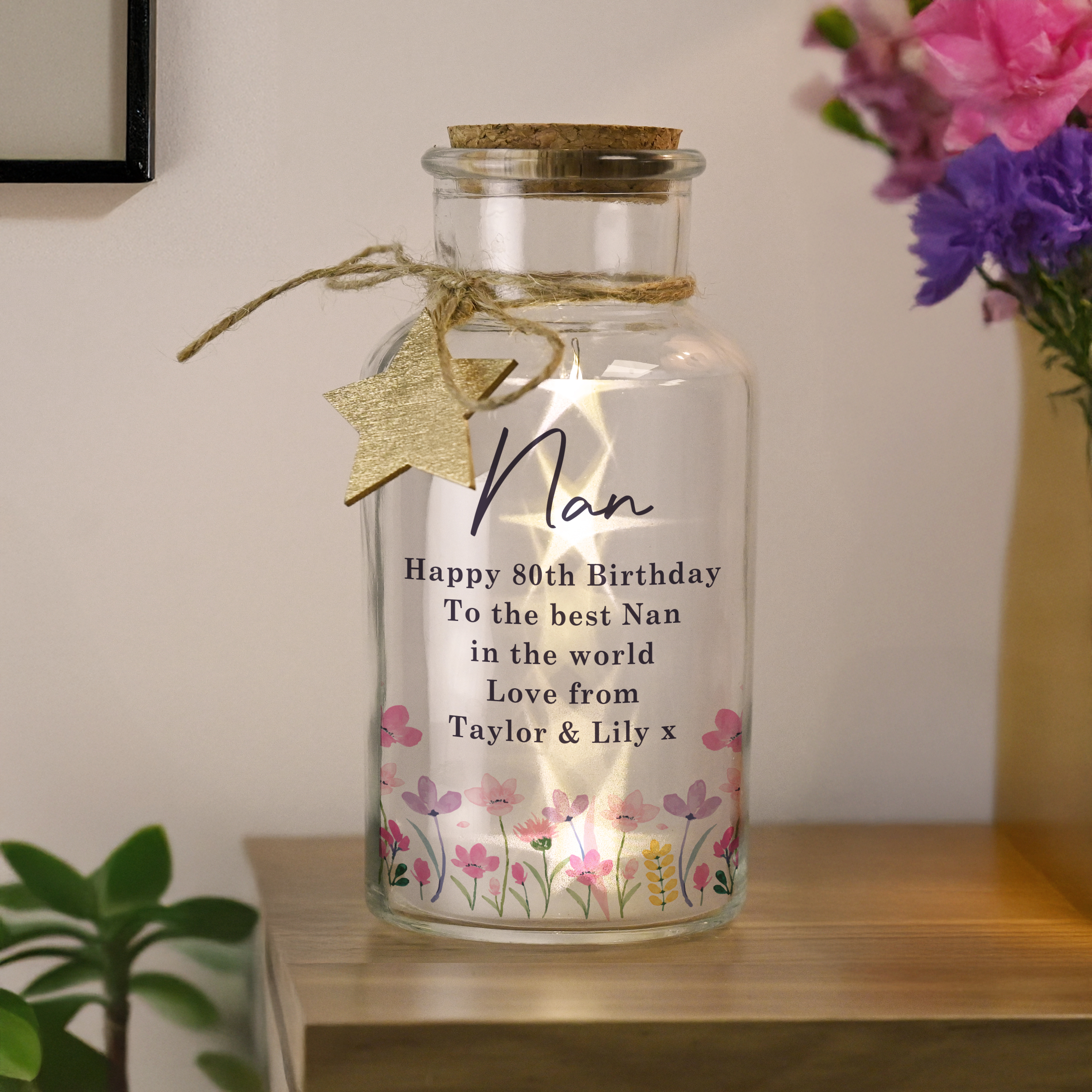 Personalised Floral LED Glass Jar | Custom Light Up Gift