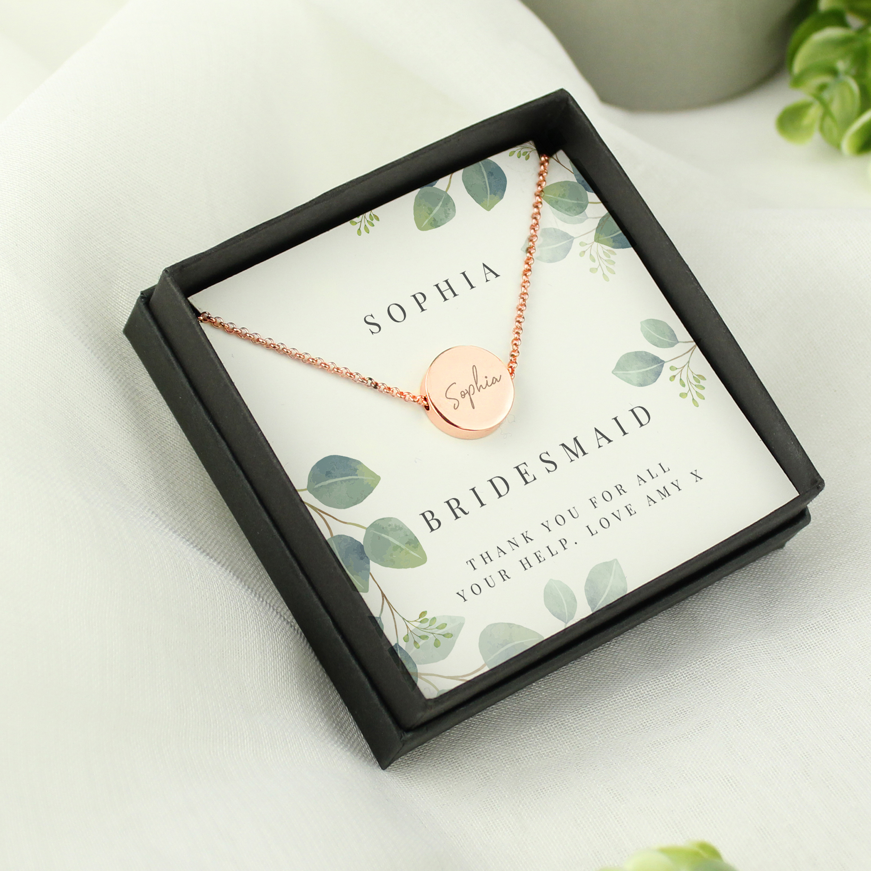 Personalised Botanical Rose Gold Necklace & Sentiment Card Gift Set