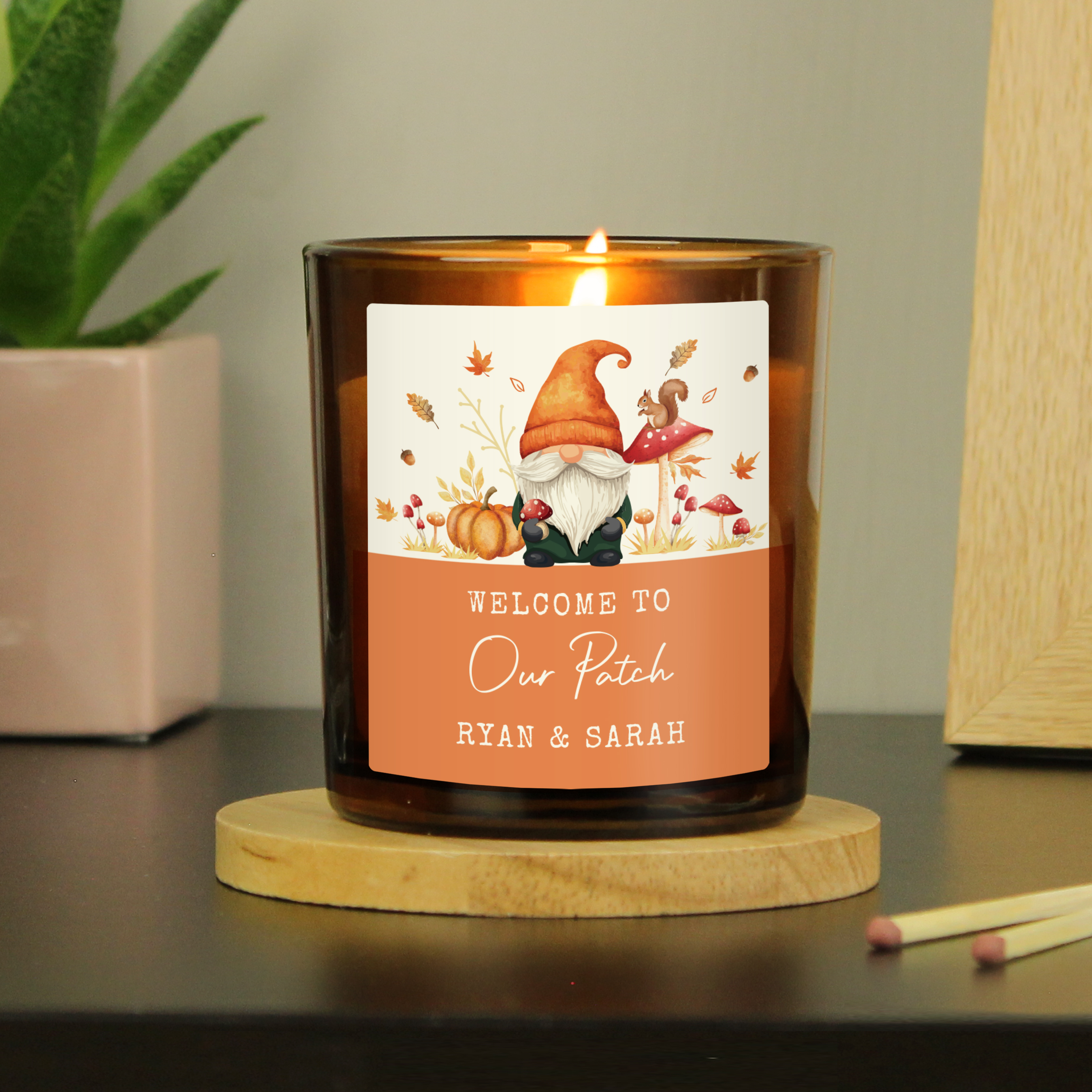 Personalised Autumn Gonk Amber Glass Candle - Vanilla Scented