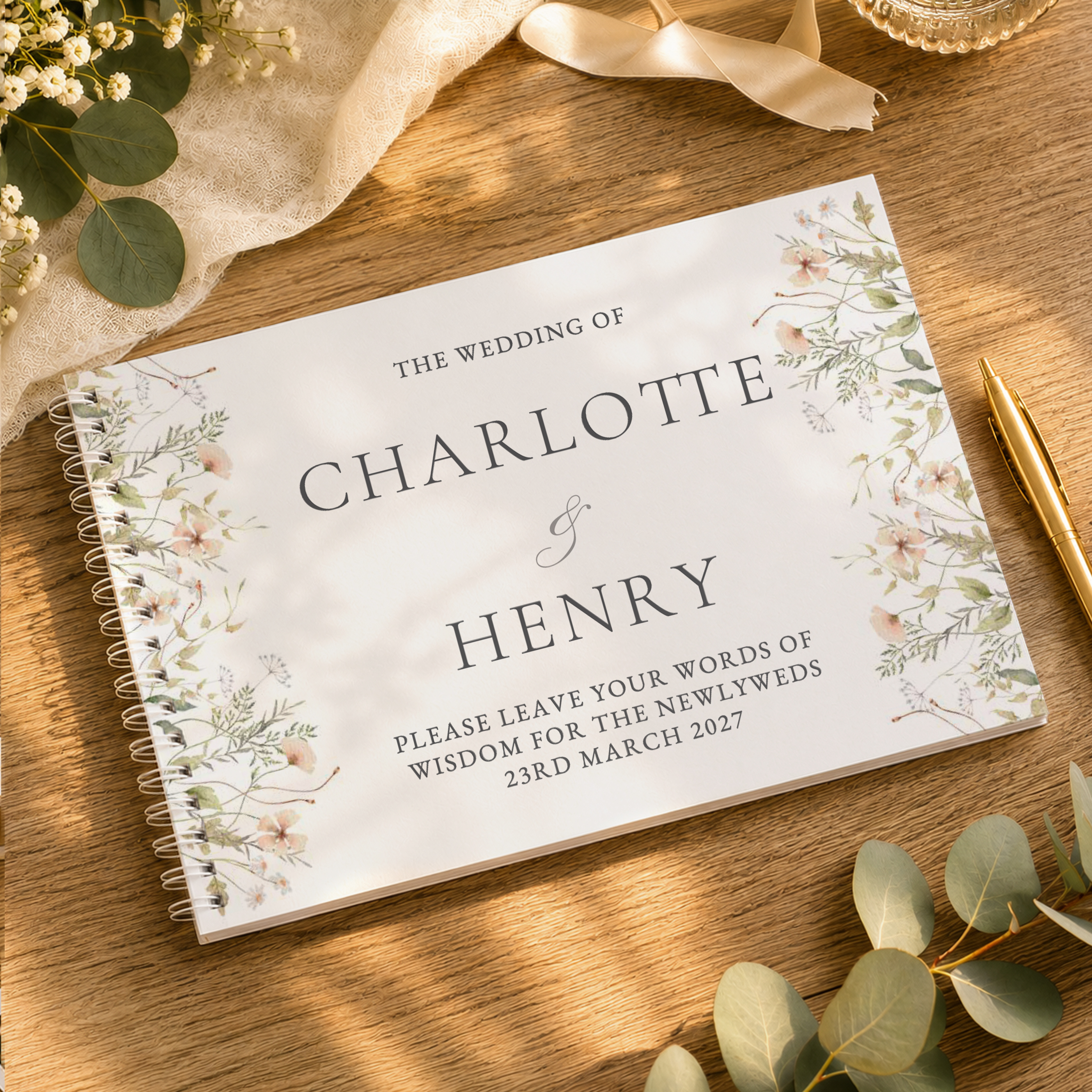 Personalised Peach Wild Flowers Wedding Guest Book | Custom Names