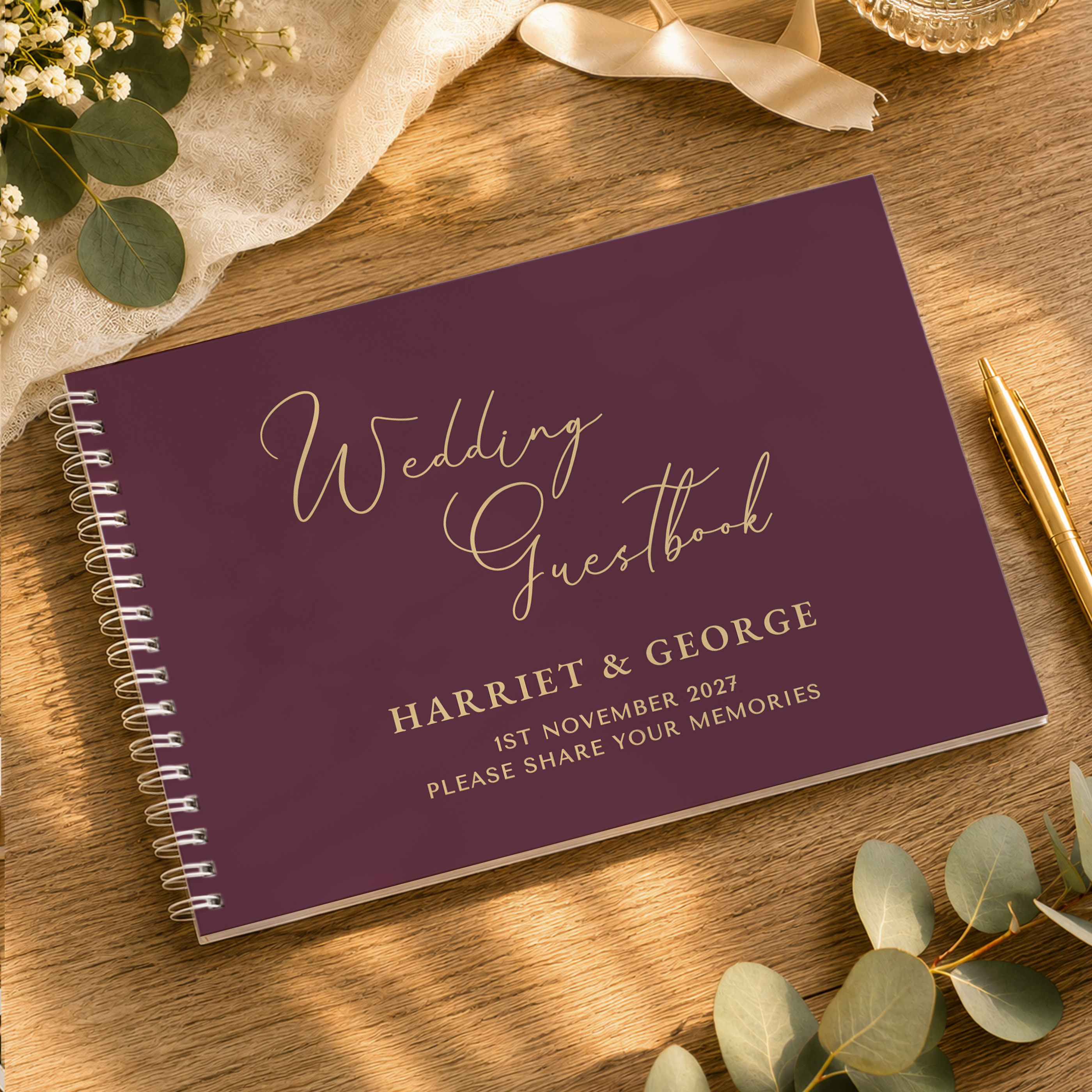 Personalised Plum Wedding Guest Book | Custom Names & Initials
