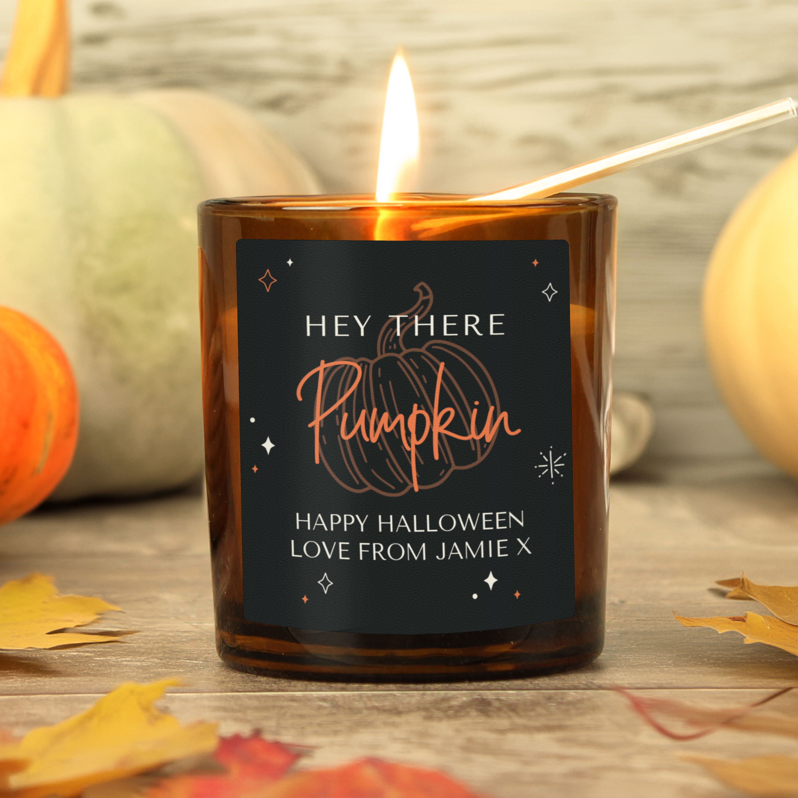 Personalised Pumpkin Amber Glass Candle - Halloween Gift