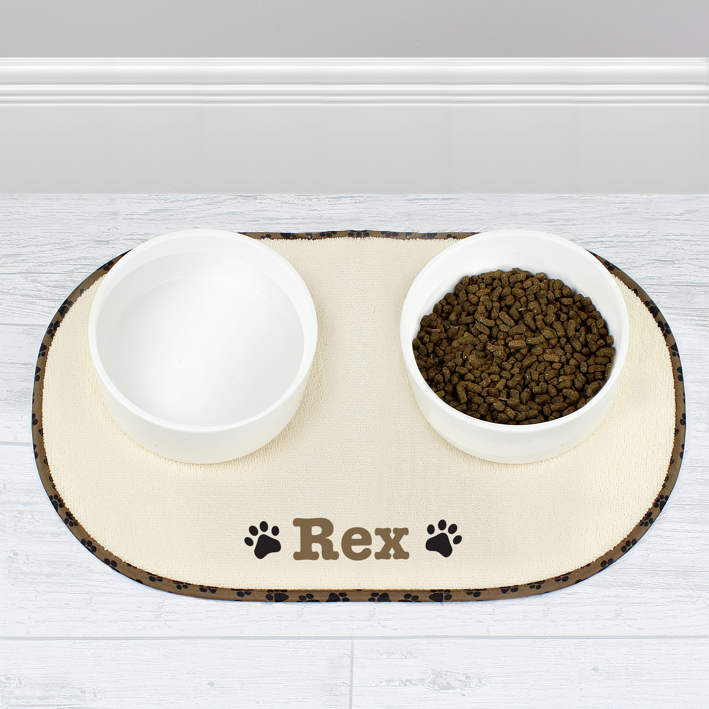 Personalised Brown Paw Print Pet Bowl Mat