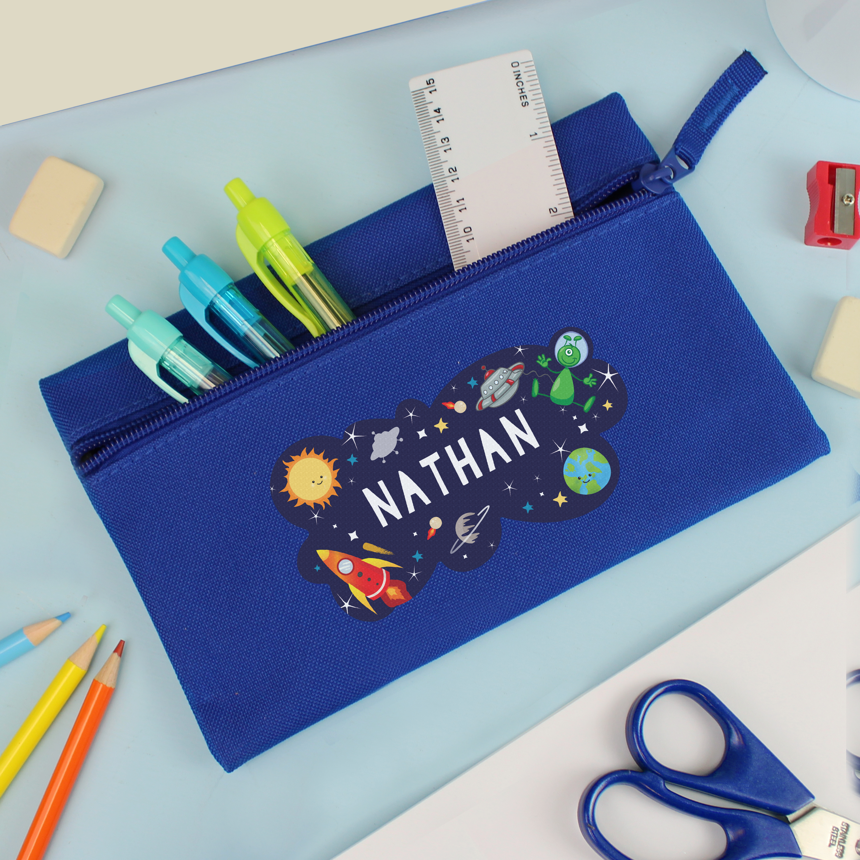 Personalised Space Blue Pencil Case | Custom Name School Gift