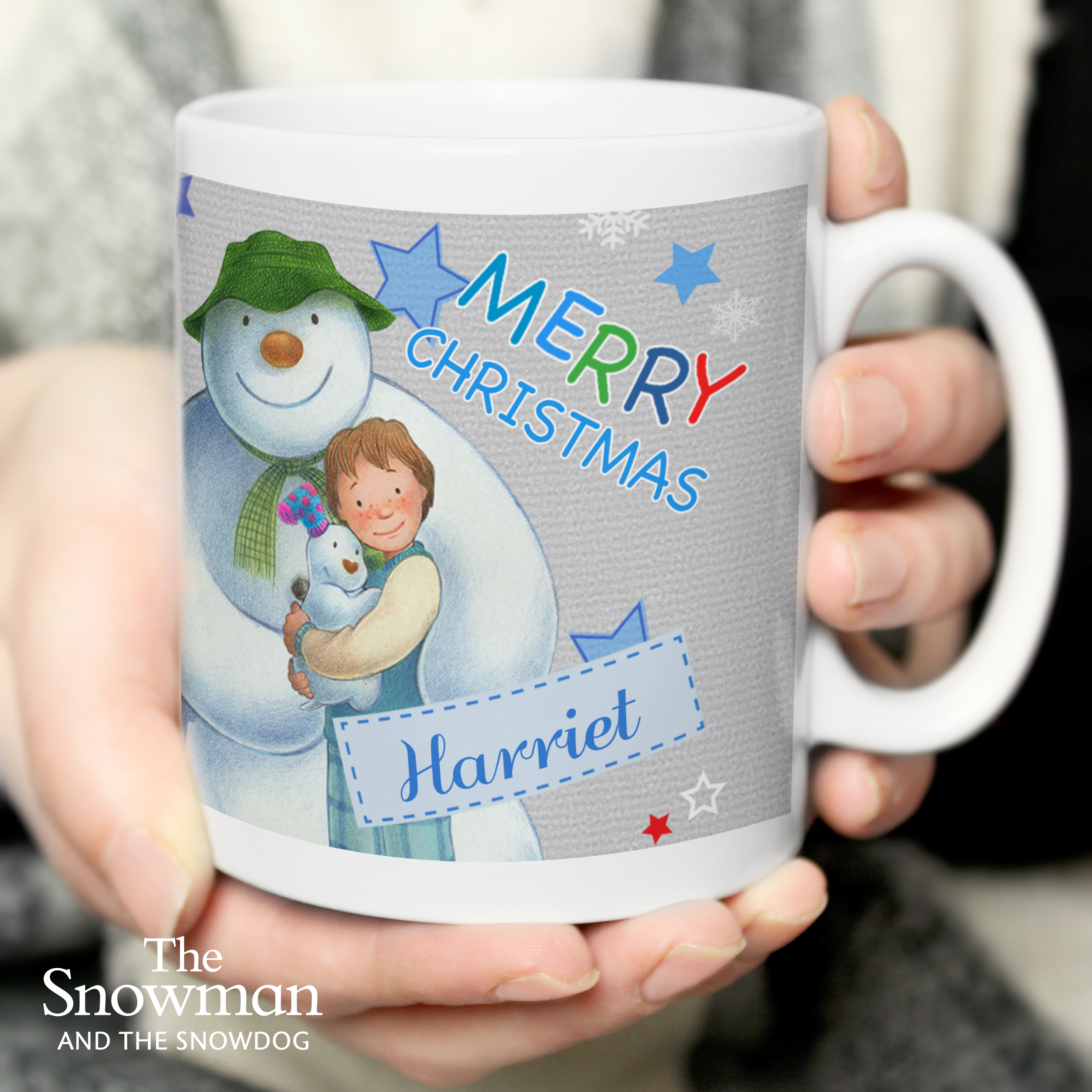 Personalised Snowman and Snowdog Blue Ceramic Mug