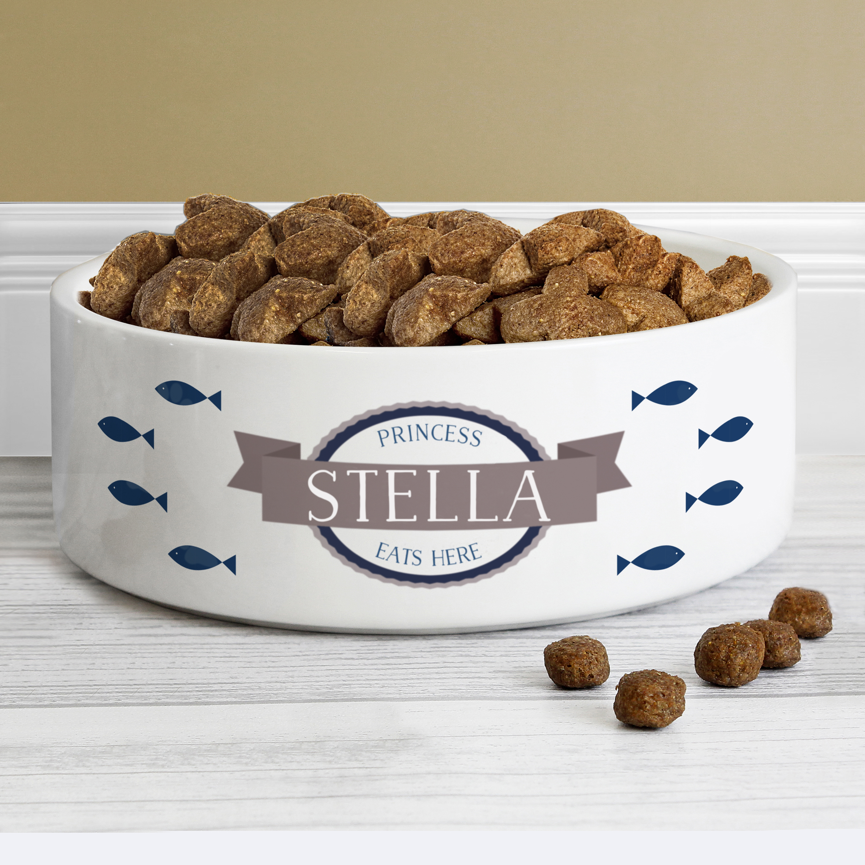 Personalised Blue Fish Ceramic Pet Bowl - Medium