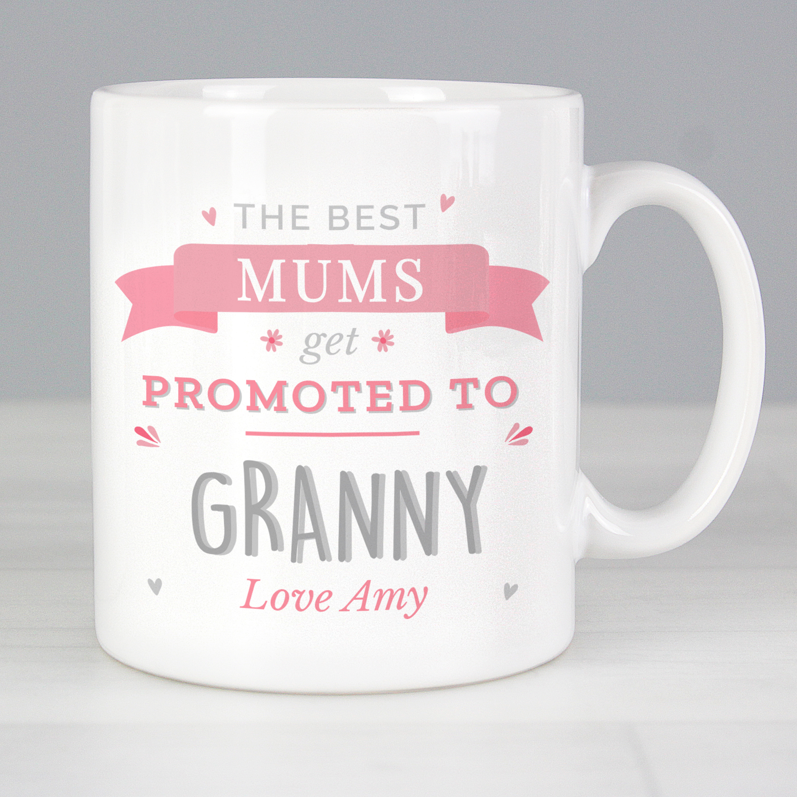 Personalised Pink Promoted To Mug for New Grandmas & Aunties