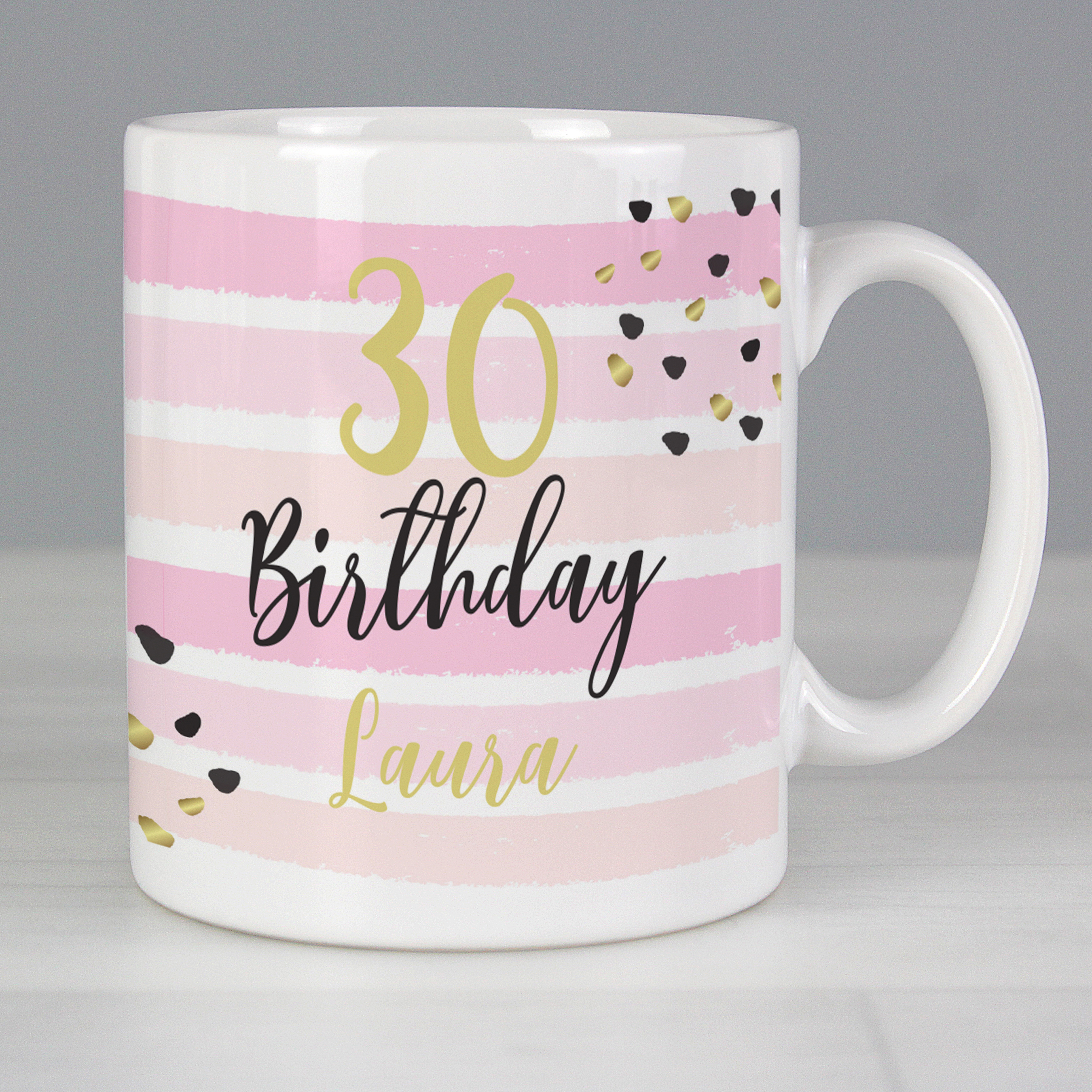 Personalised Gold & Pink Stripe Birthday Mug for Any Age