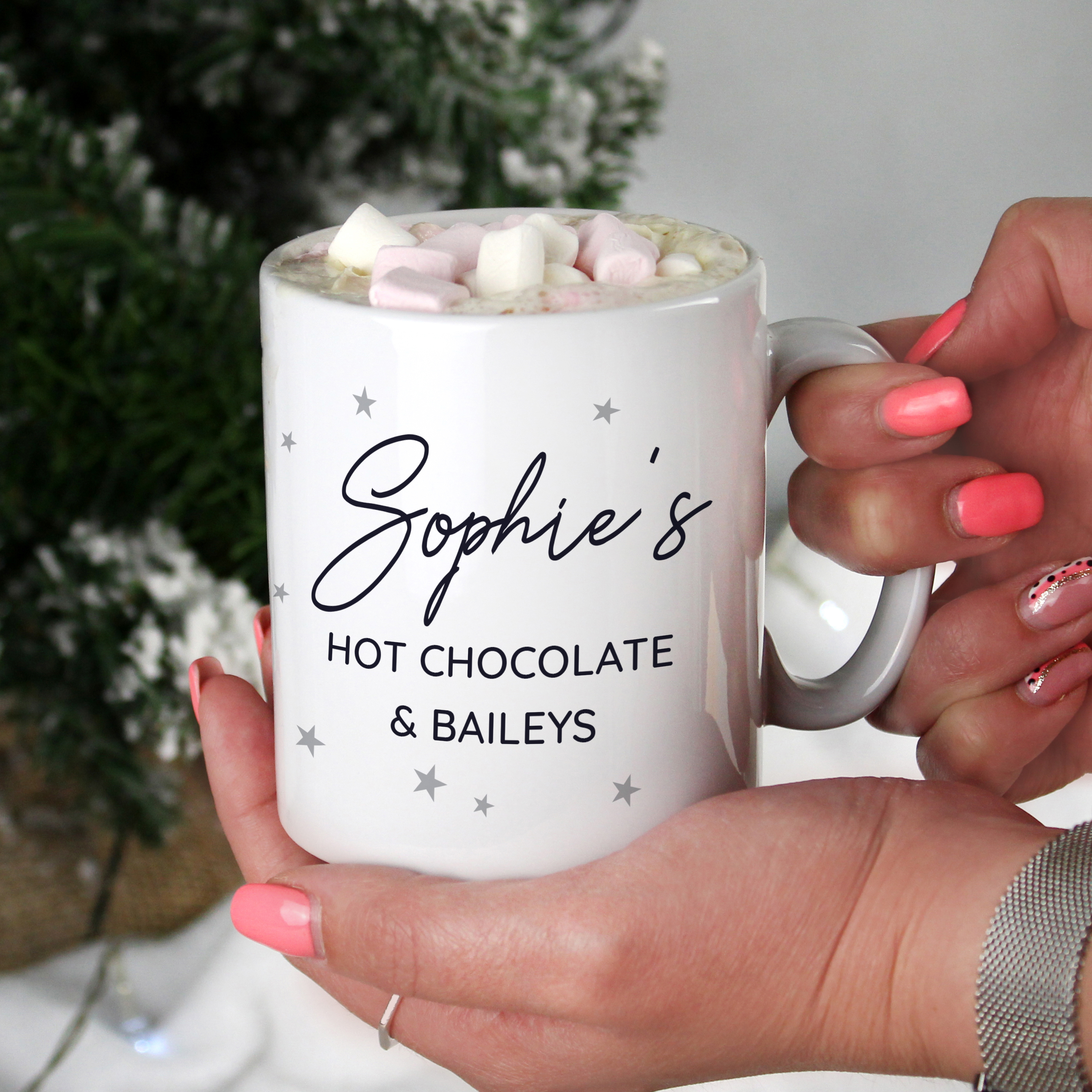 Personalised Grey Stars Christmas Mug - Ceramic