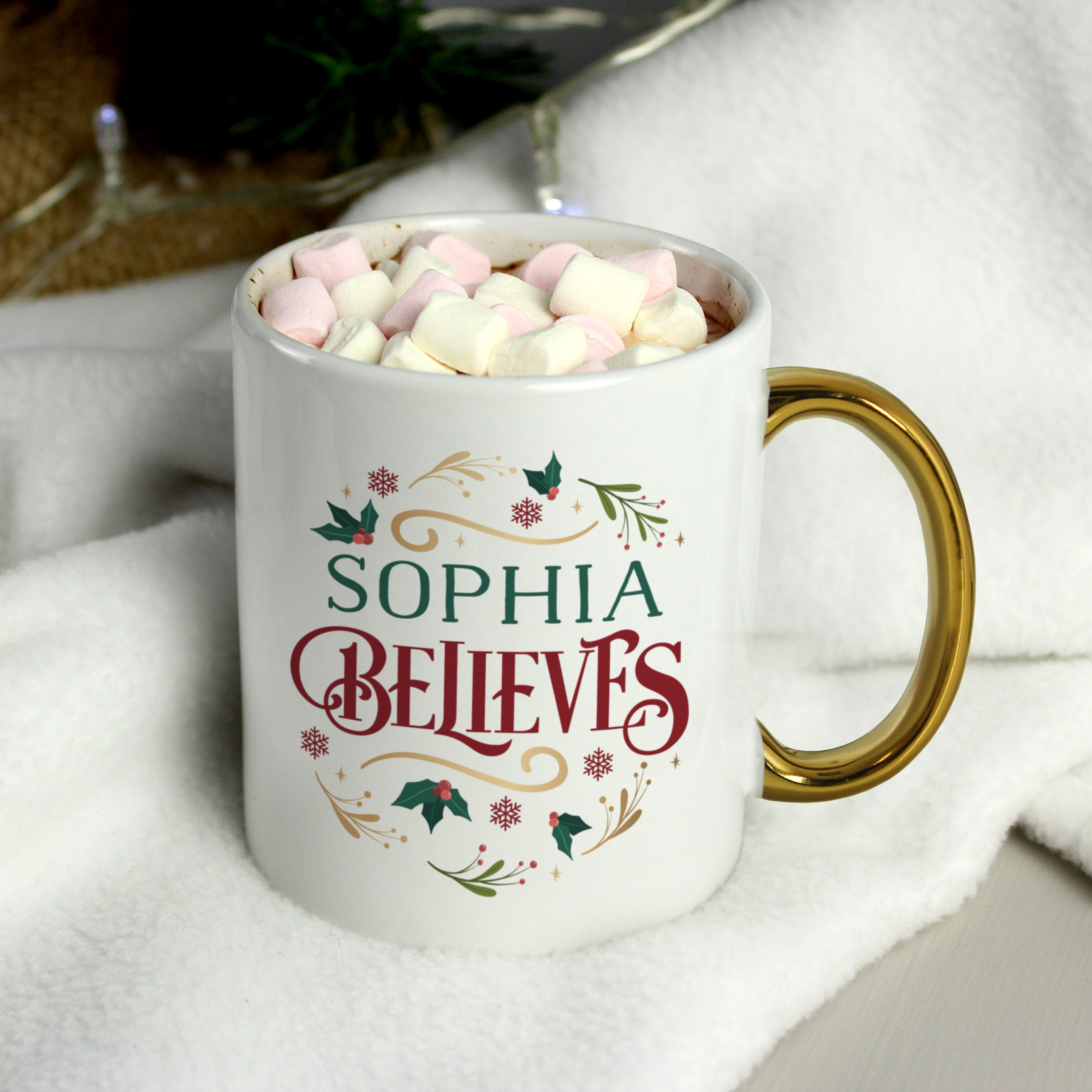 Personalised 'Believes In Christmas' Gold Handled Mug