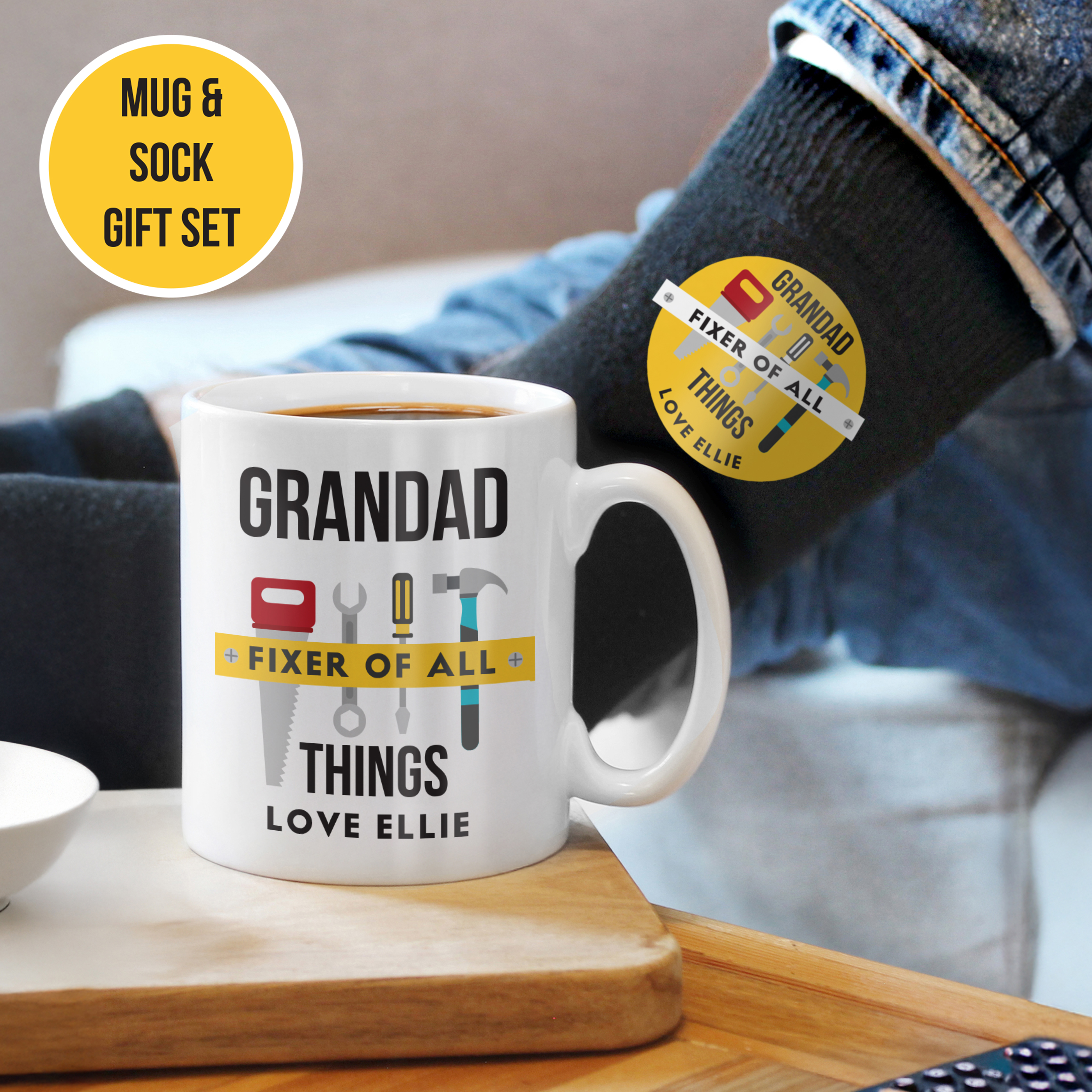 Personalised 'Fixer of All Things' Mug & Socks Set