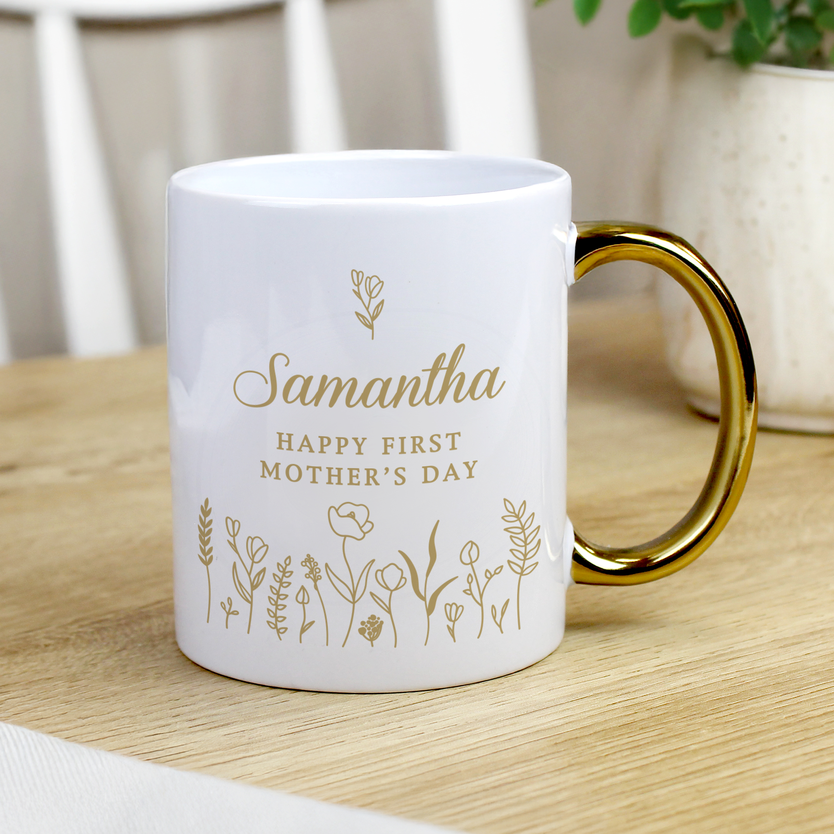 Personalised Floral Gold Handle Mug - Custom Gift
