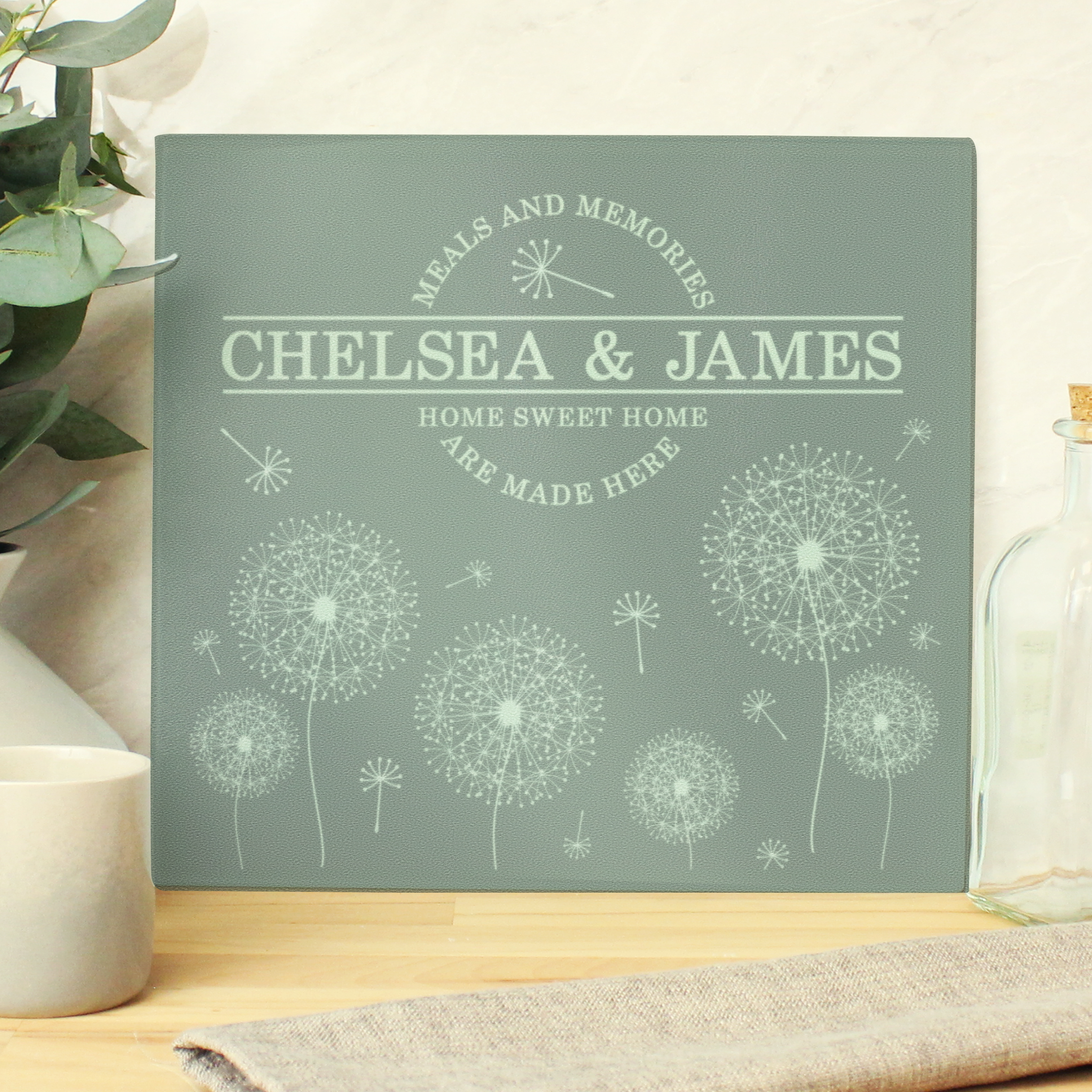 Personalised Dandelion Glass Chopping Board | Custom Kitchen Gift