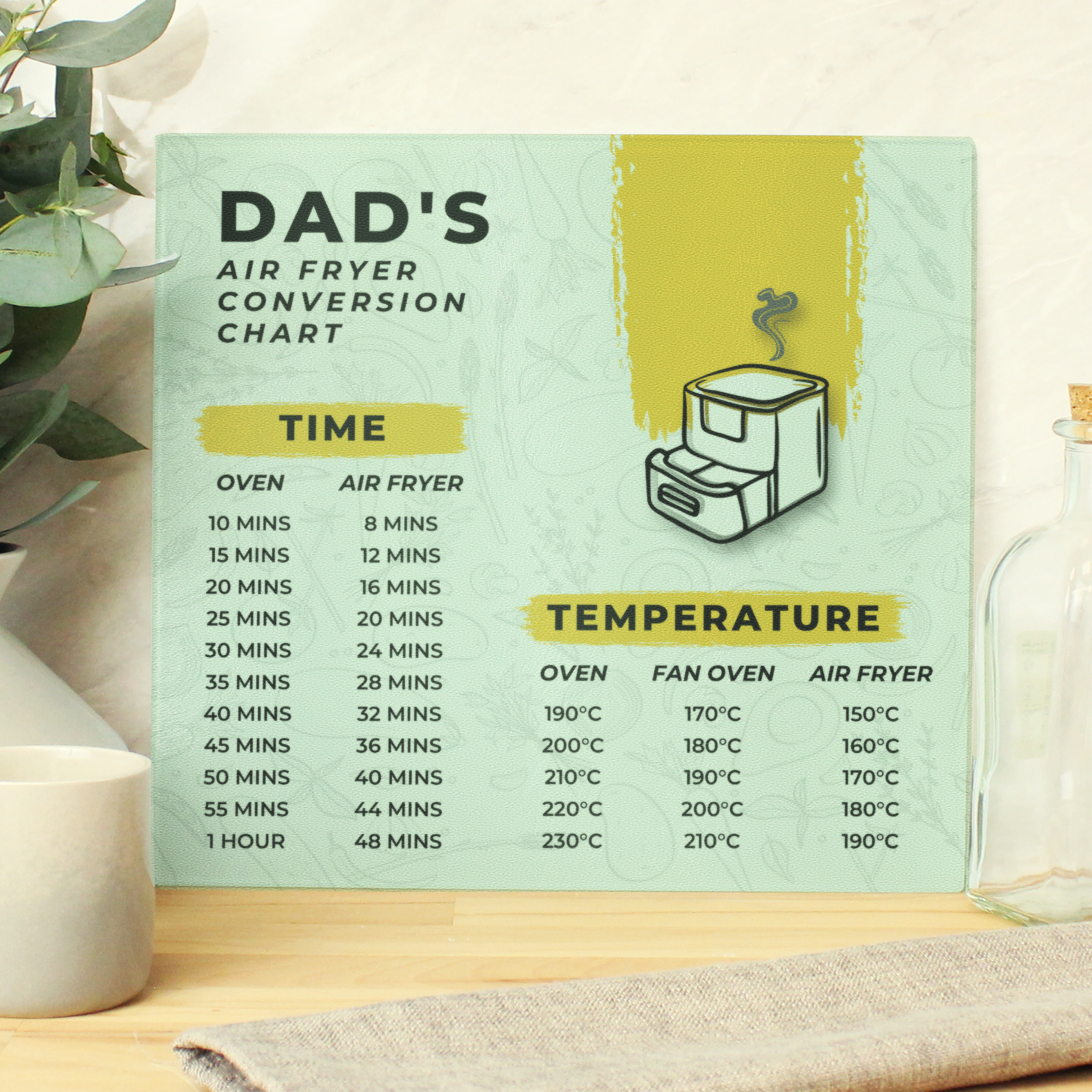 Personalised Air Fryer Chart Glass Chopping Board | Kitchen Gift