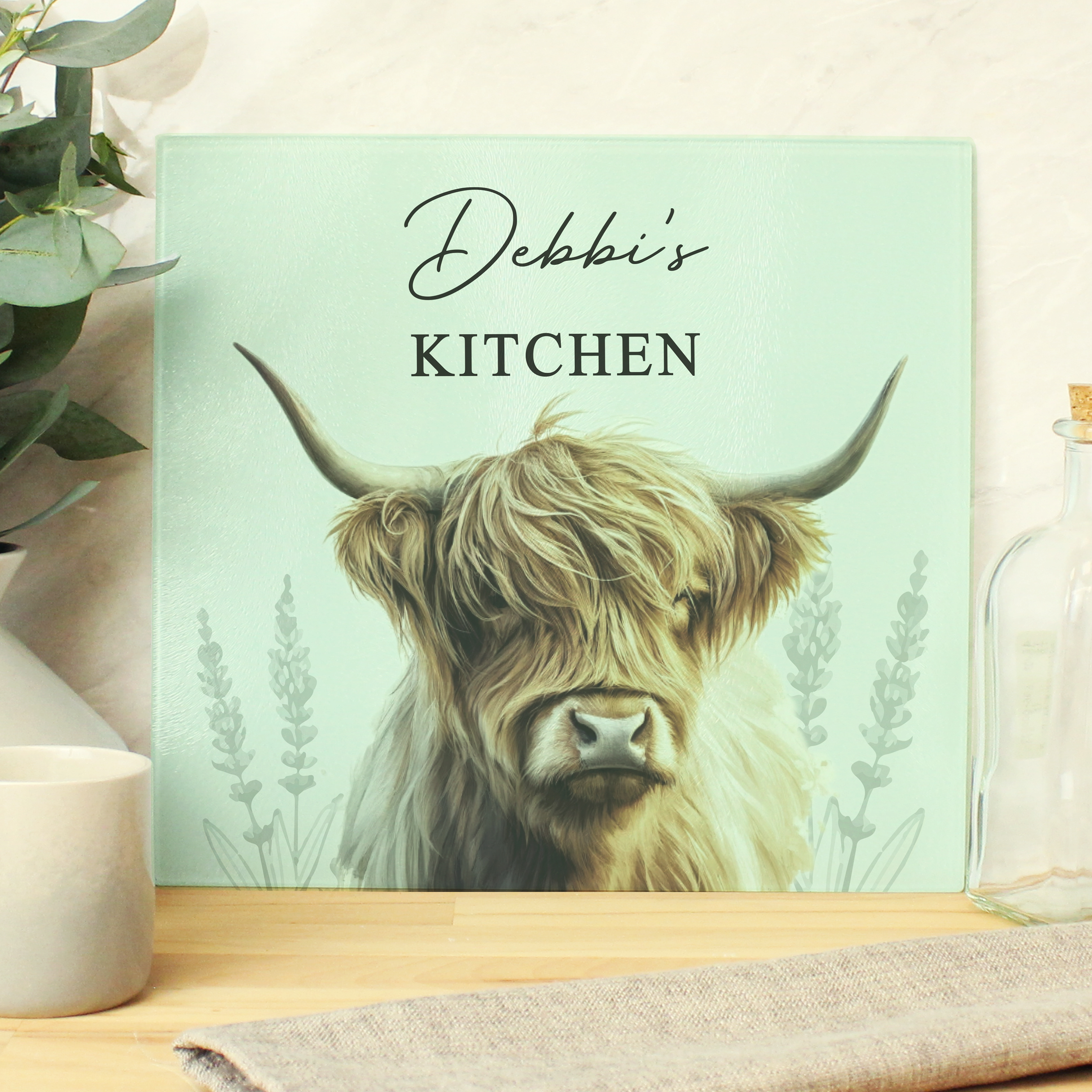Personalised Highland Cow Glass Chopping Board | Custom Kitchen Gift