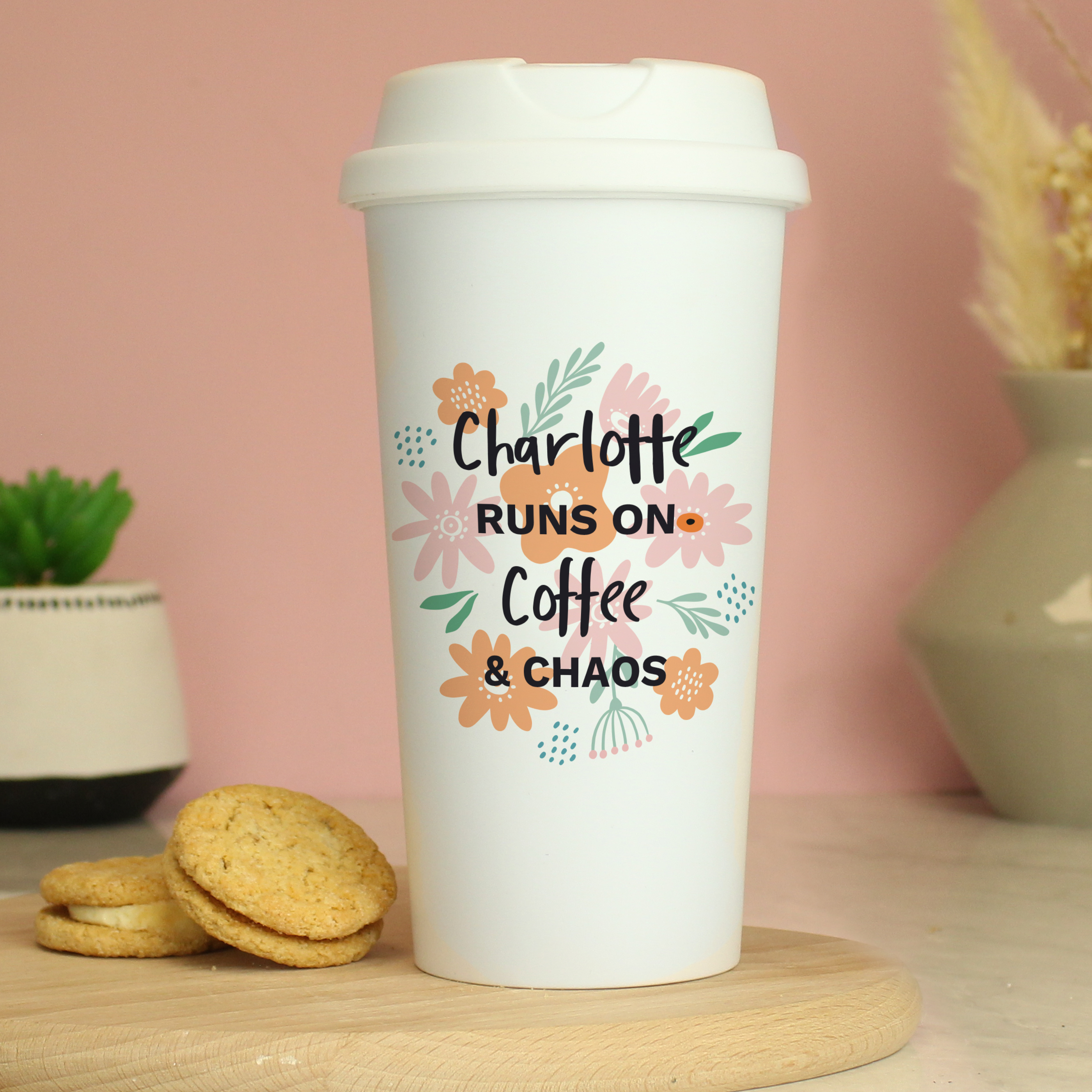 Personalised Floral Travel Mug | Custom Thermal Cup with Lid