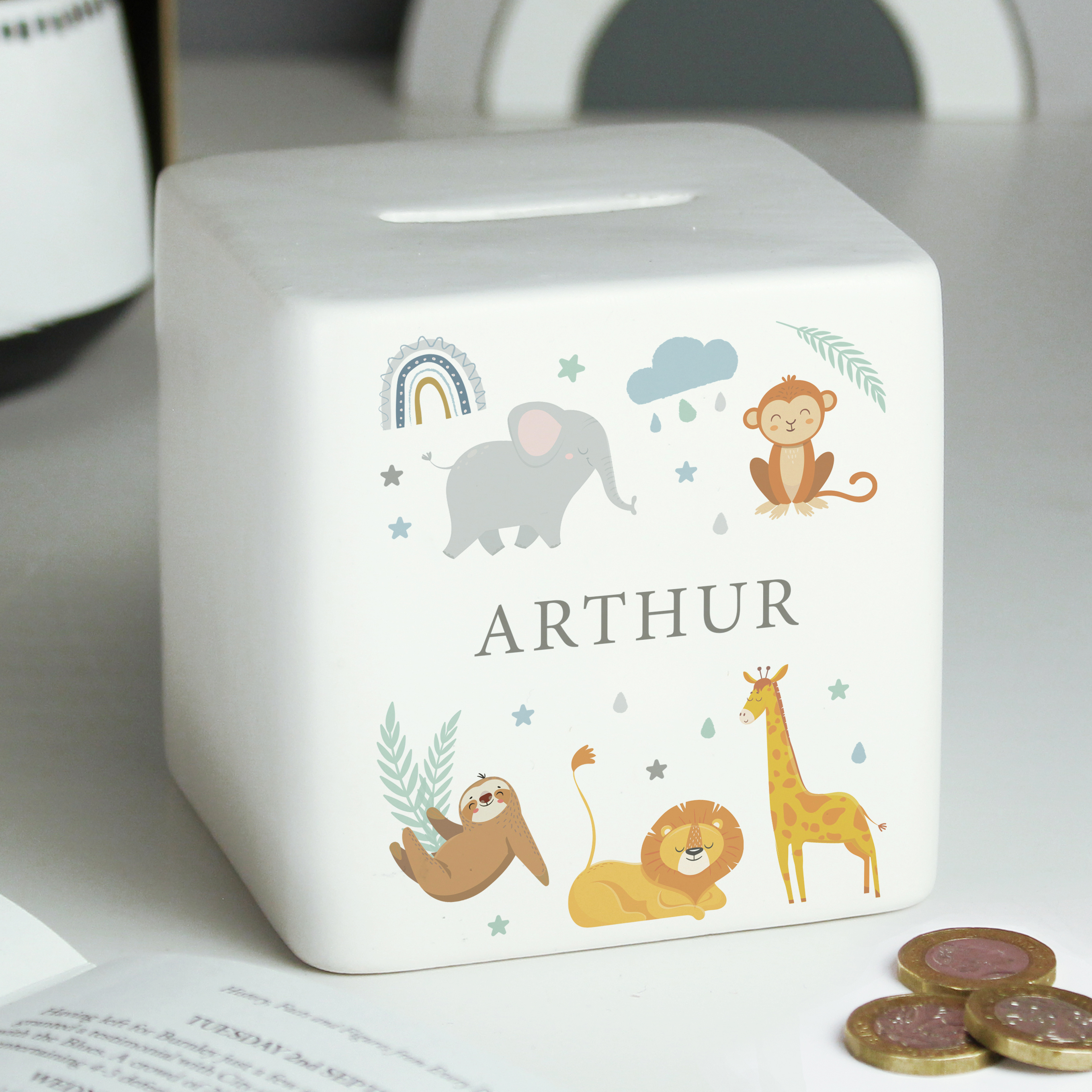 Personalised Safari Animals Ceramic Money Box | Square Keepsake