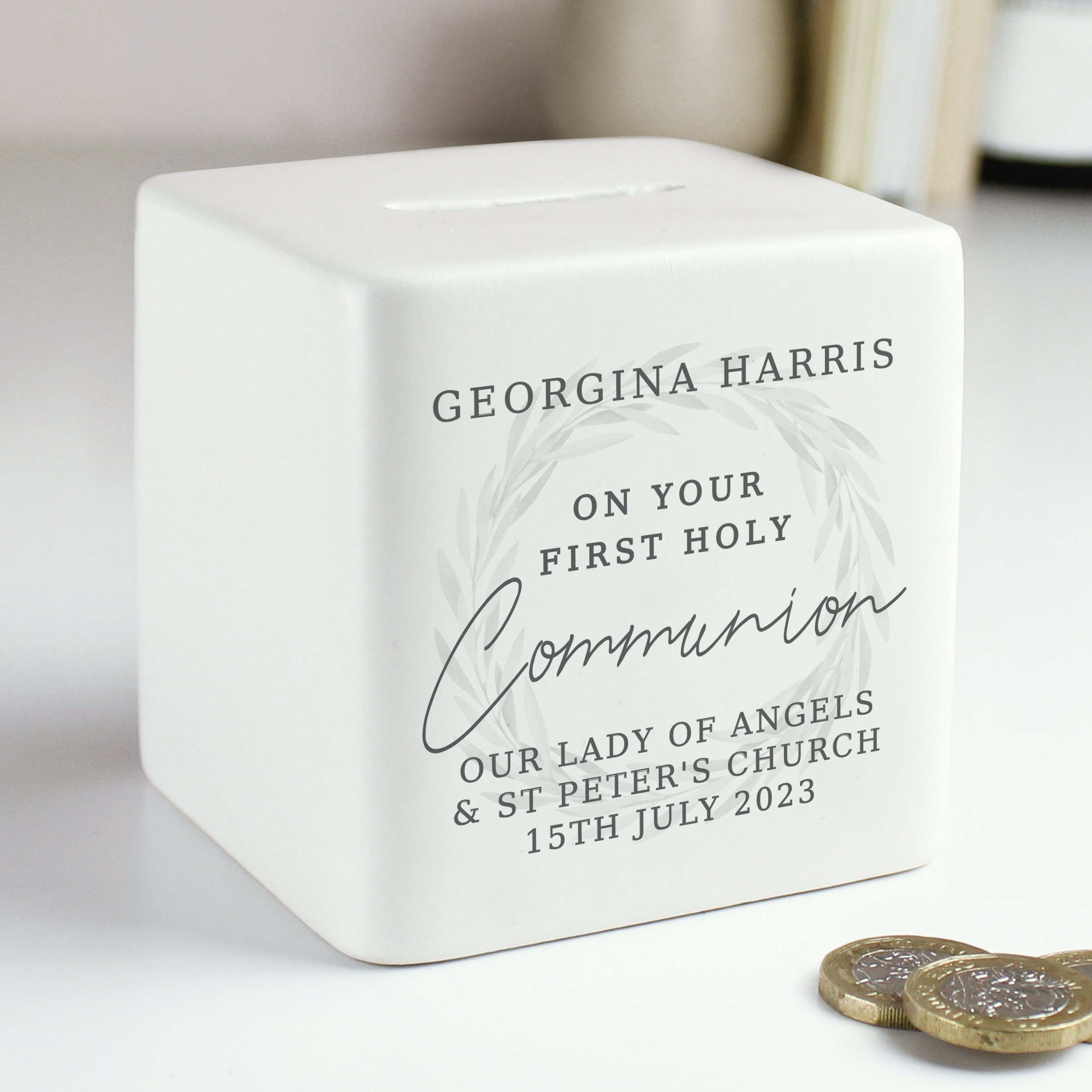Personalised First Holy Communion Ceramic Money Box | Square Wreath Gift