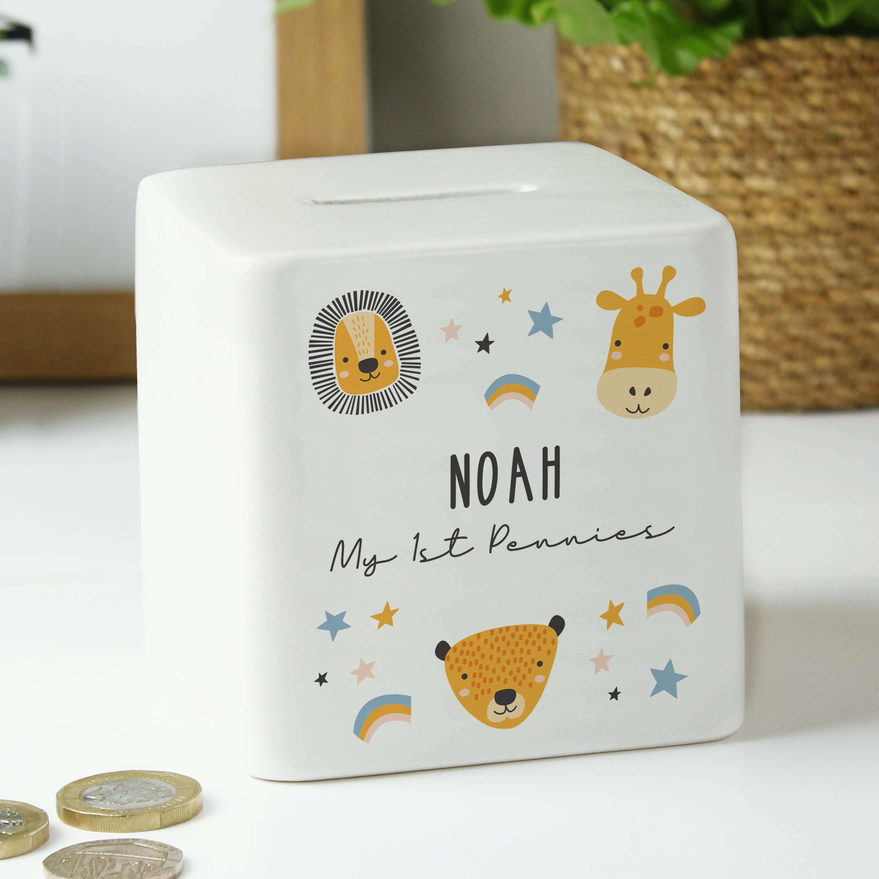 Personalised Scandi Safari Ceramic Money Box | Square Baby Keepsake