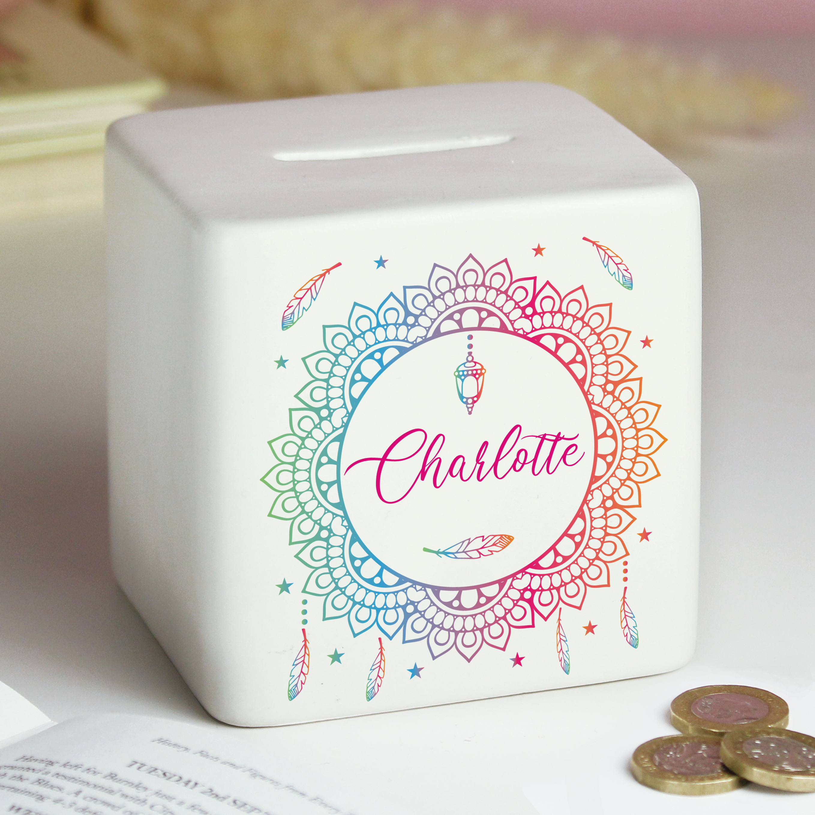 Personalised Dreamcatcher Ceramic Money Box | Square Keepsake Gift