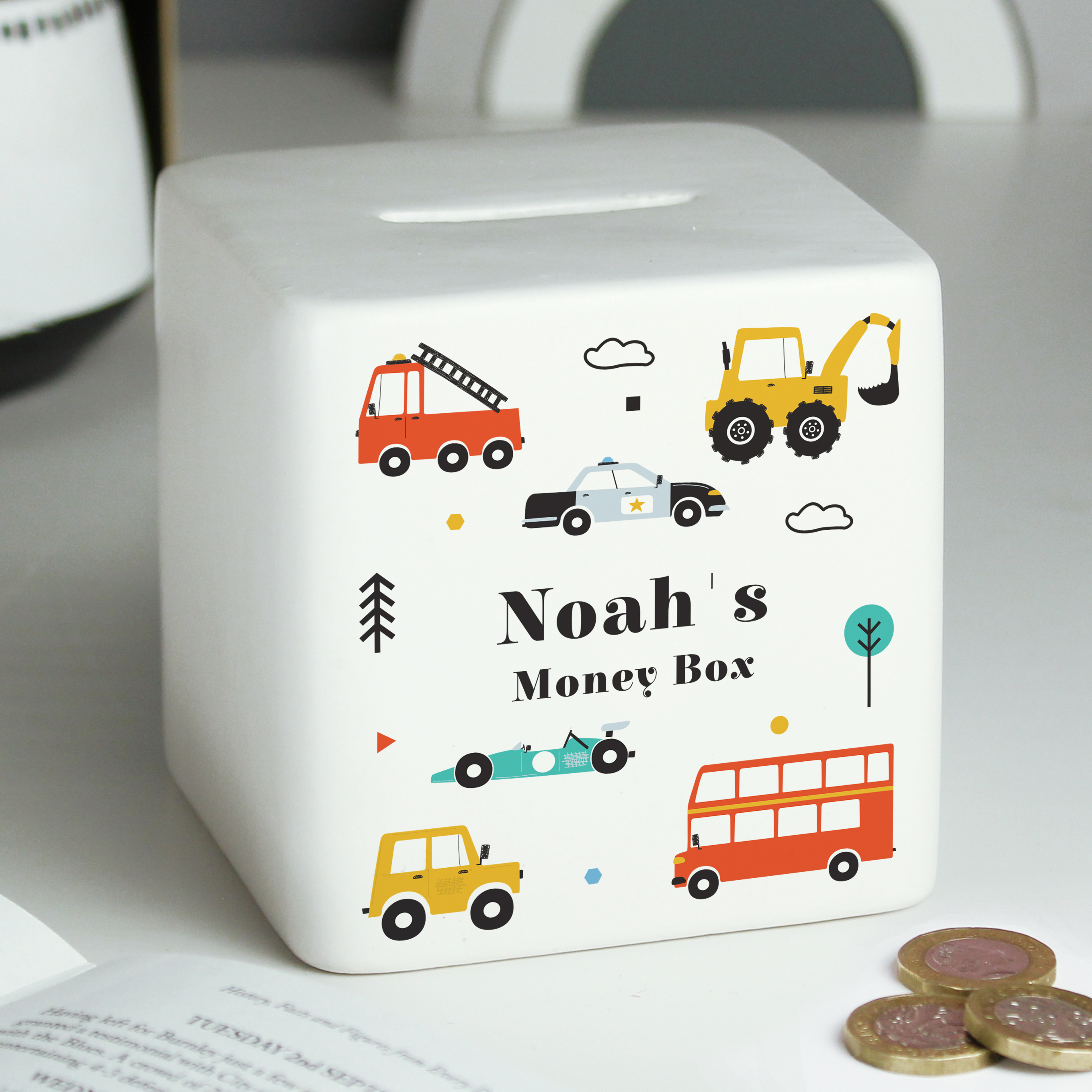 Personalised Vehicles Ceramic Money Box | Square Transport Gift