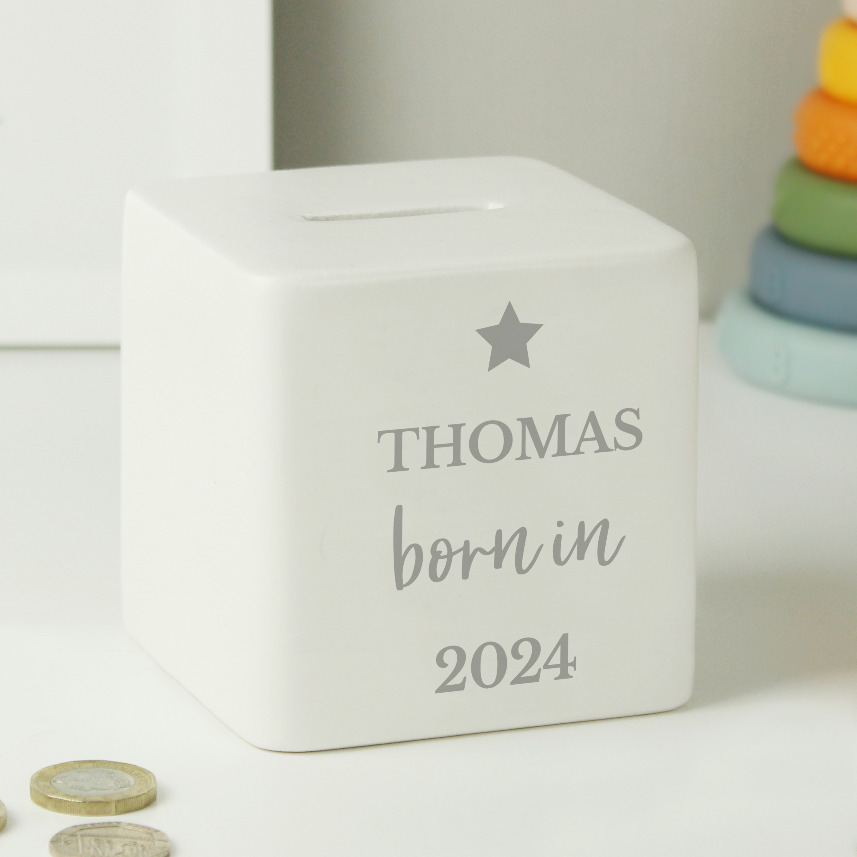 Personalised Born In Baby Money Box | Ceramic New Baby Keepsake