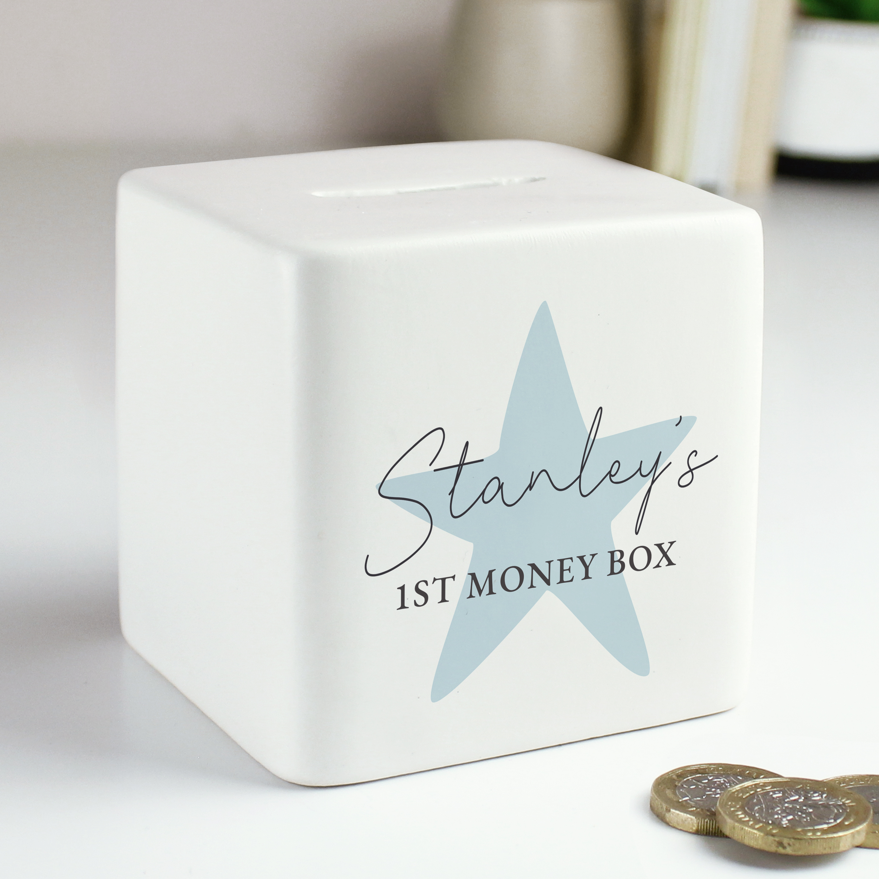 Personalised Blue Star Ceramic Money Box | Custom Square Piggy Bank