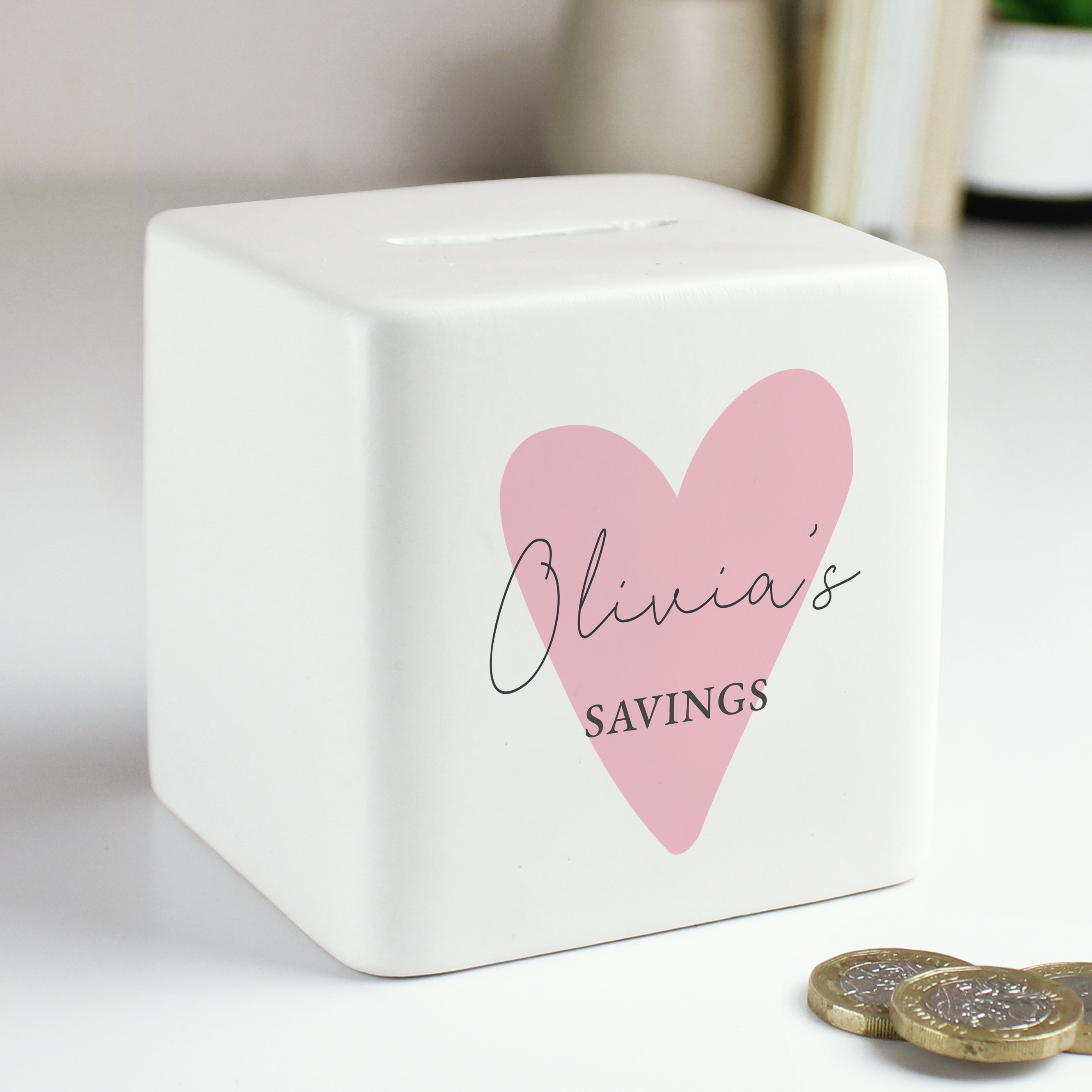 Personalised Pink Heart Ceramic Money Box | Custom Square Piggy Bank