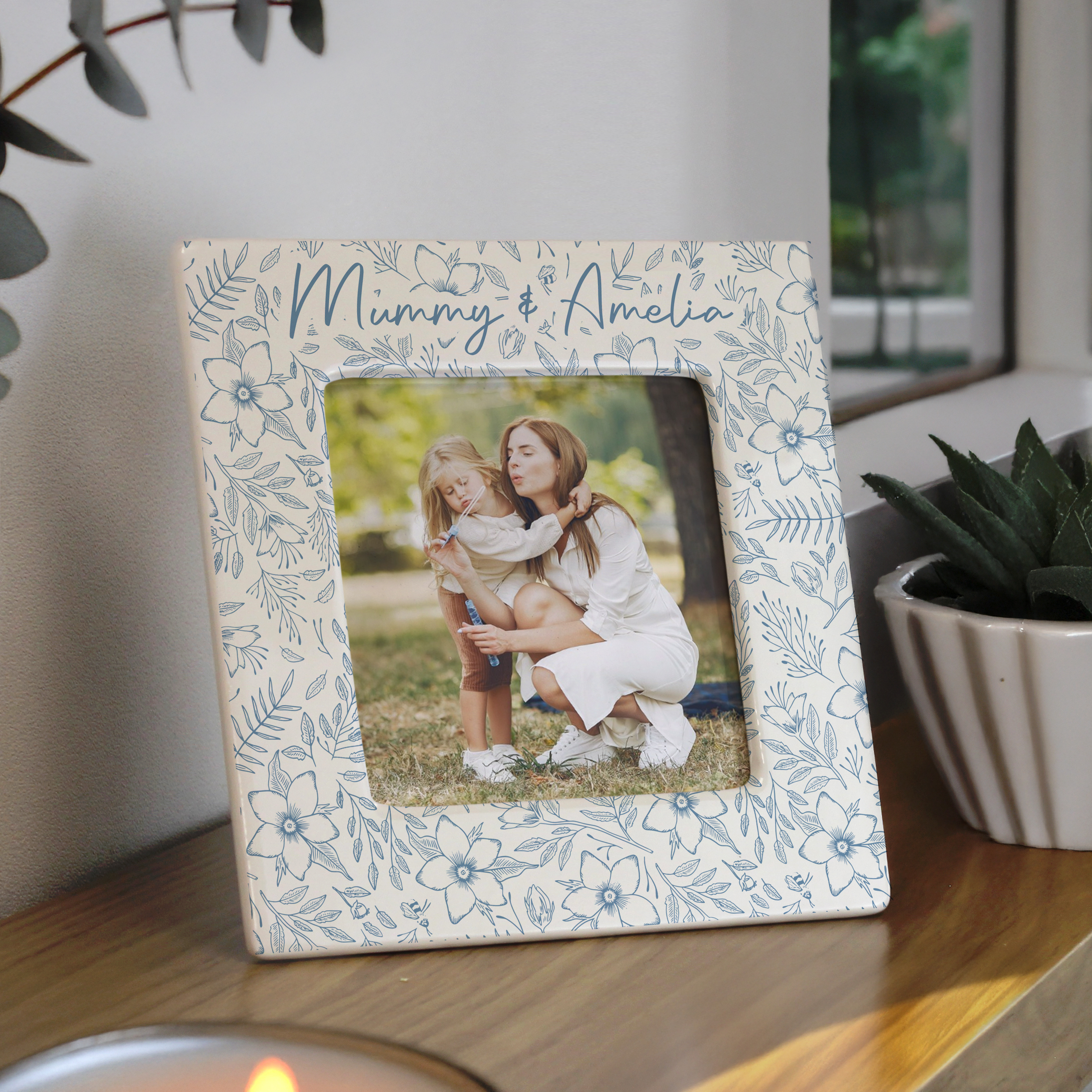 Personalised Blue Floral Ceramic 4x4 Photo Frame
