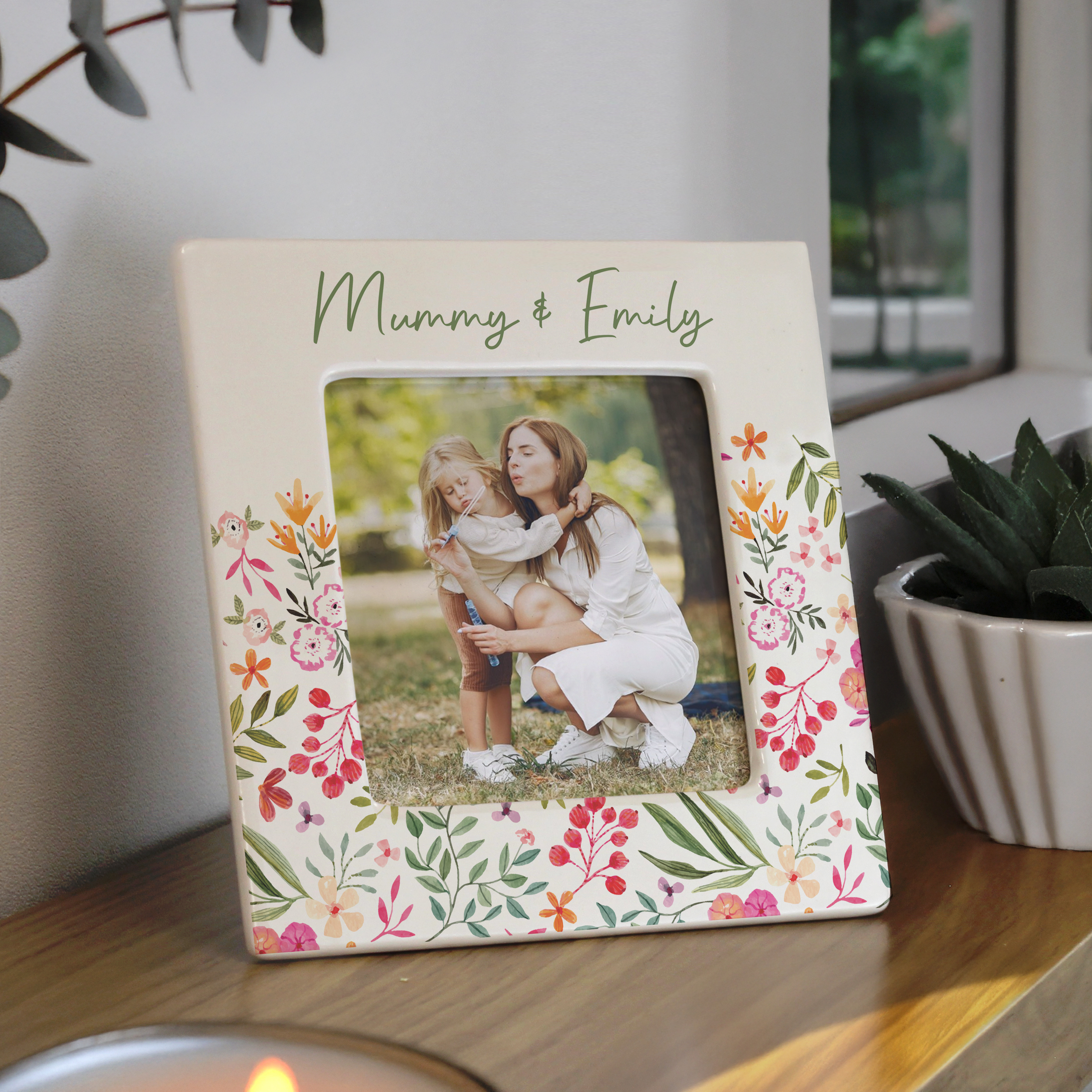 Personalised Floral Ceramic 4x4 Photo Frame