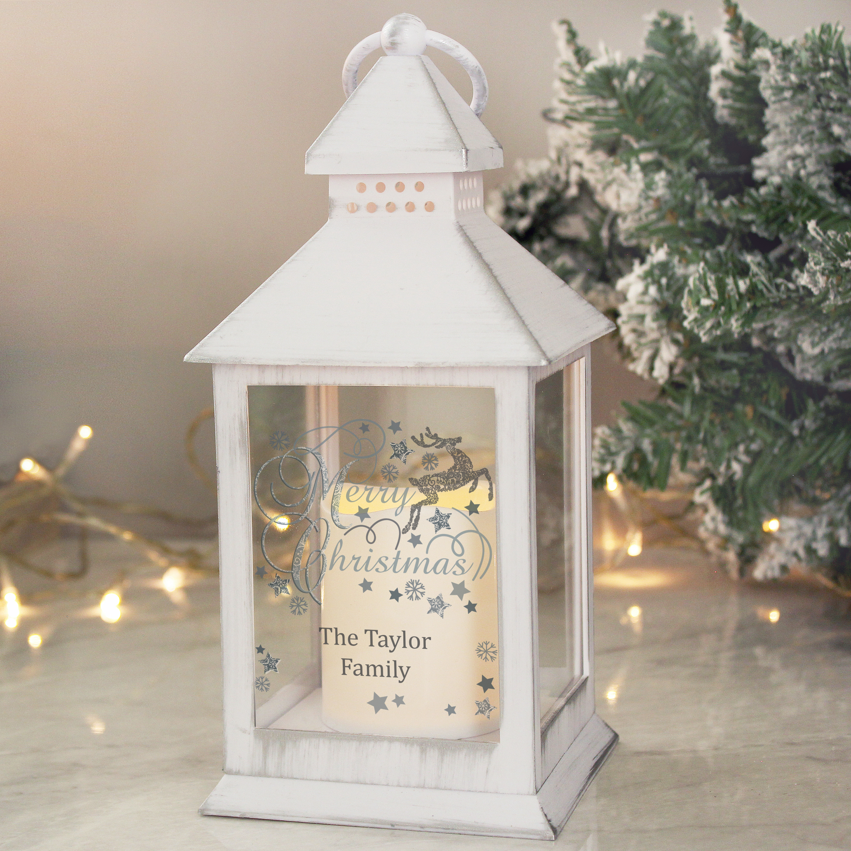 Personalised Silver Reindeer White Lantern | Custom Christmas Decor