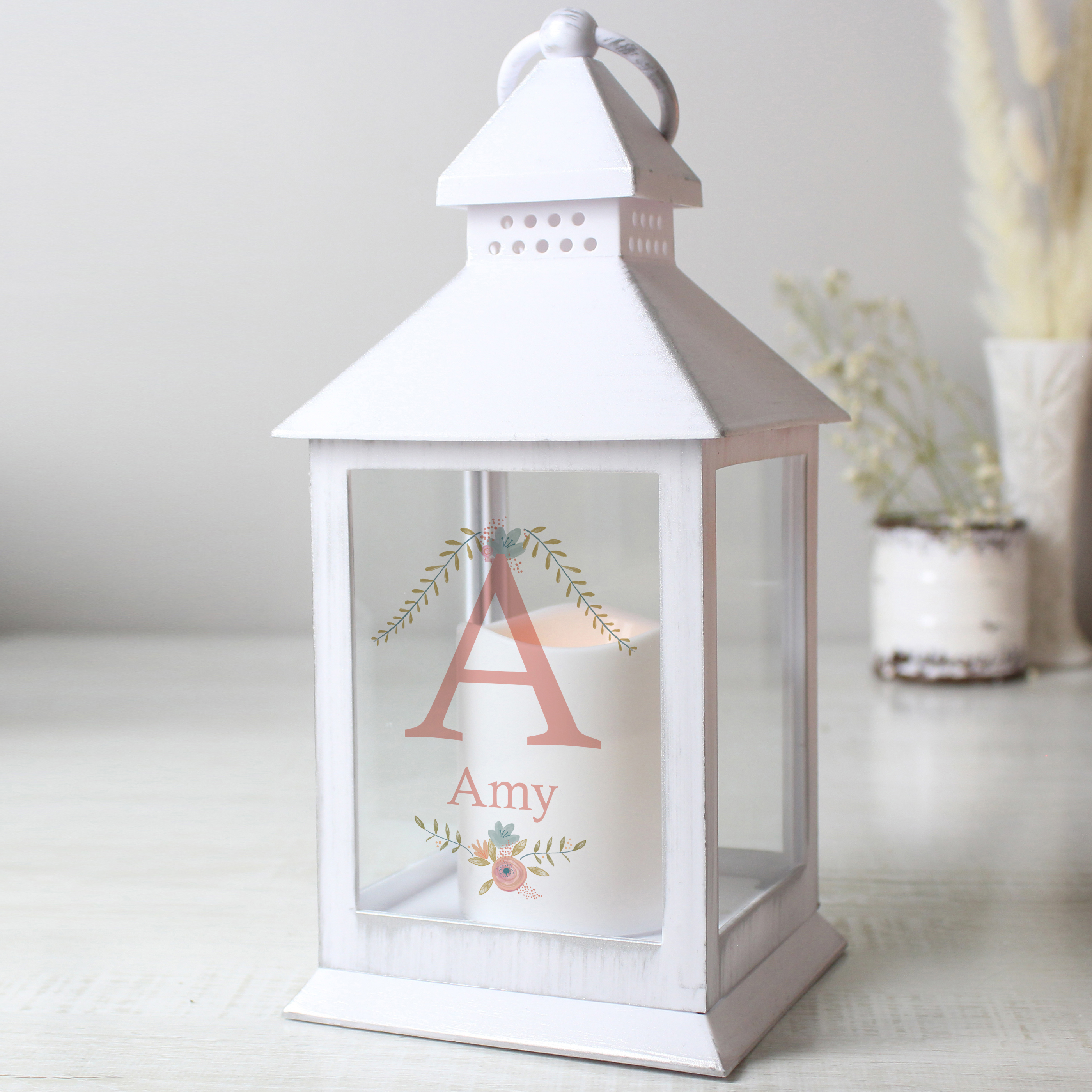 Personalised Floral Bouquet White Lantern | Custom Home Decor