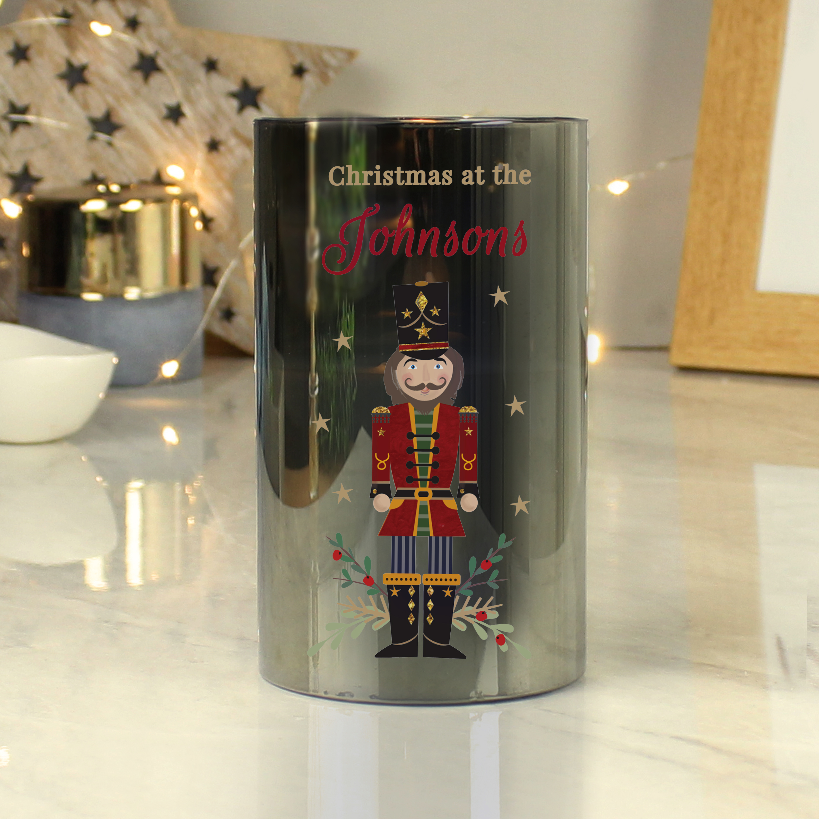 Personalised Christmas Nutcracker LED Candle | Smoked Glass