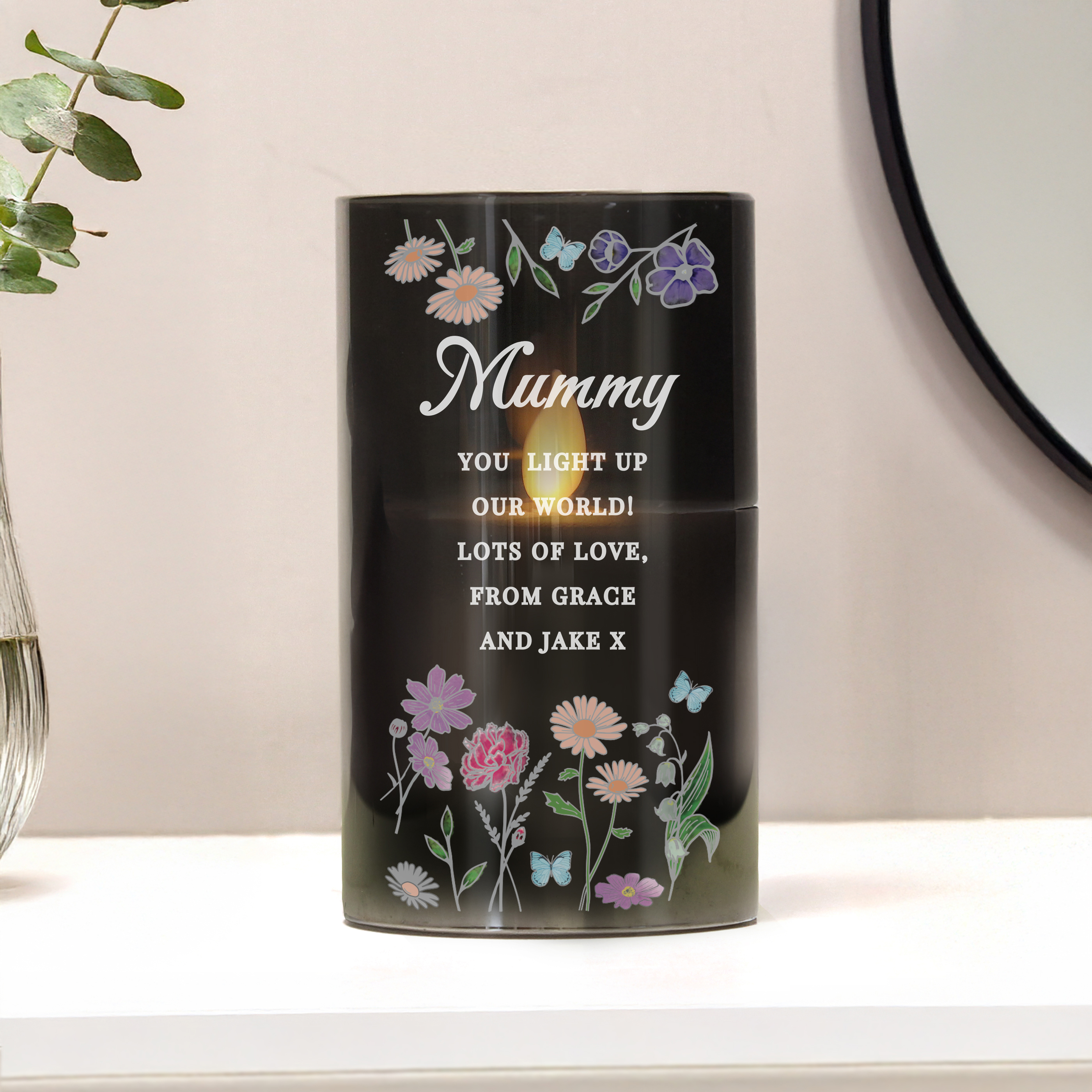Personalised Wild Flowers Smoked Glass LED Candle | Custom Light
