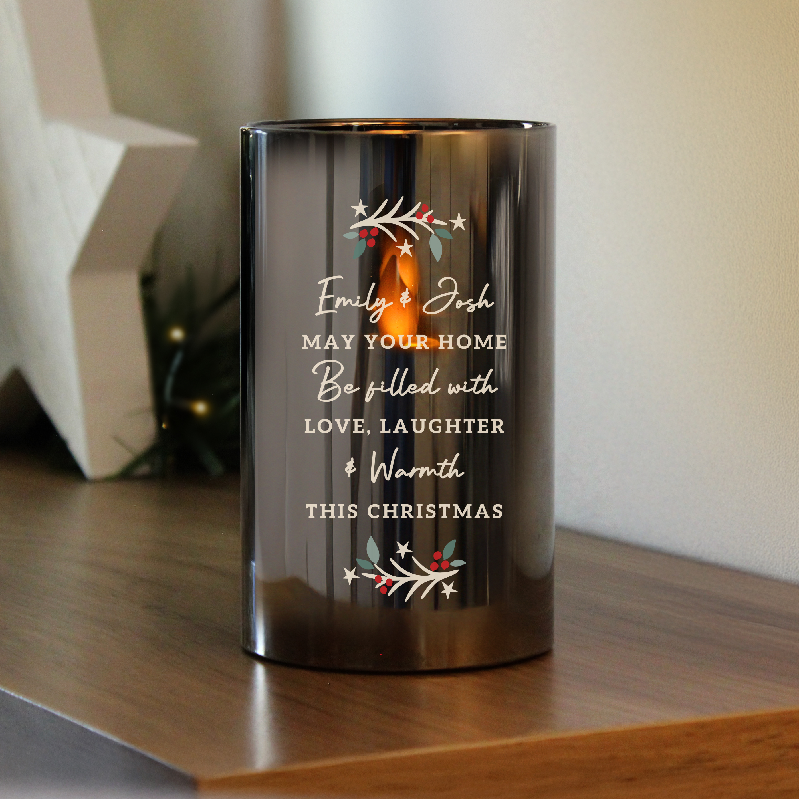 Personalised Christmas Smoked Glass LED Candle | Custom Festive Light