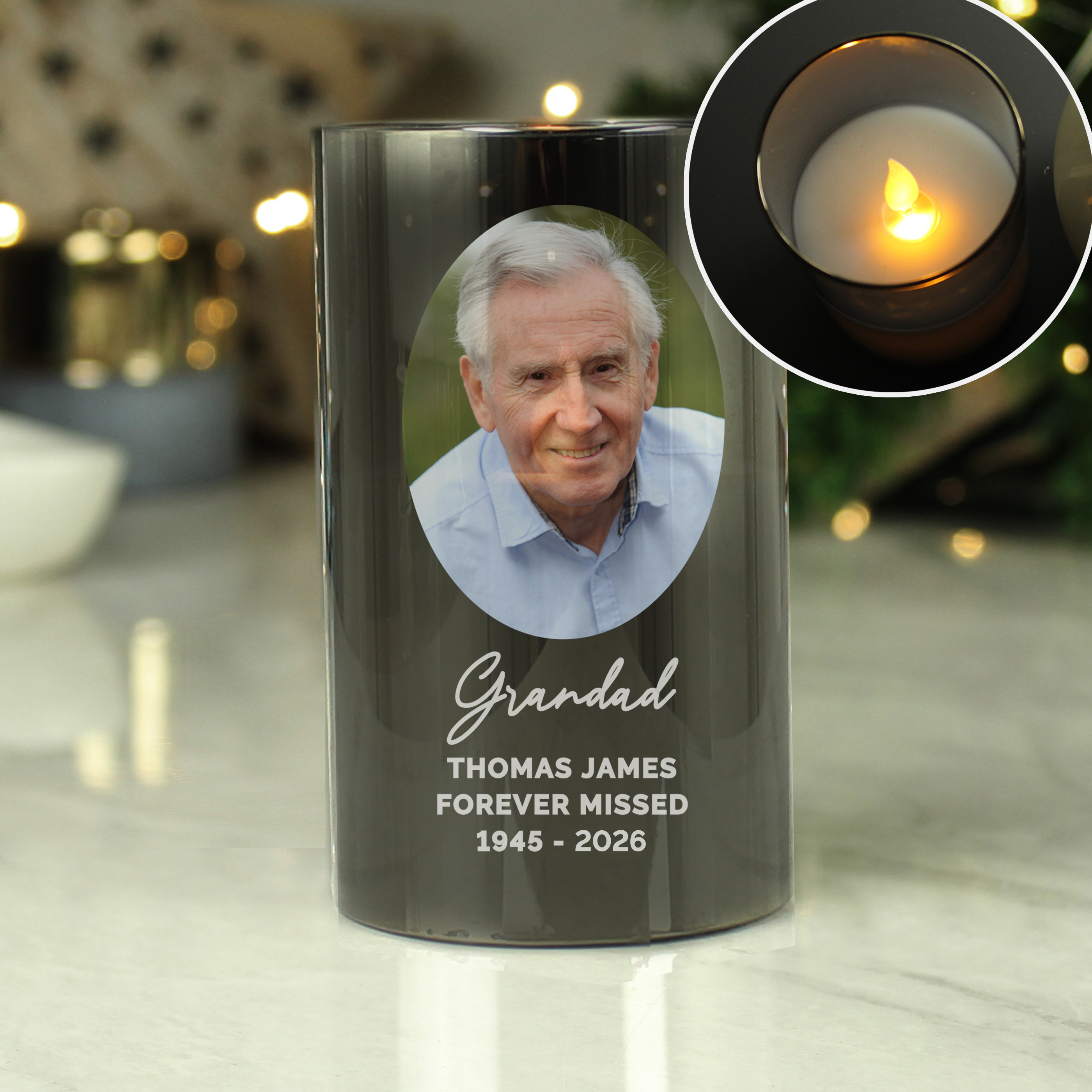Personalised Photo Upload LED Candle | Custom Smoked Glass Light