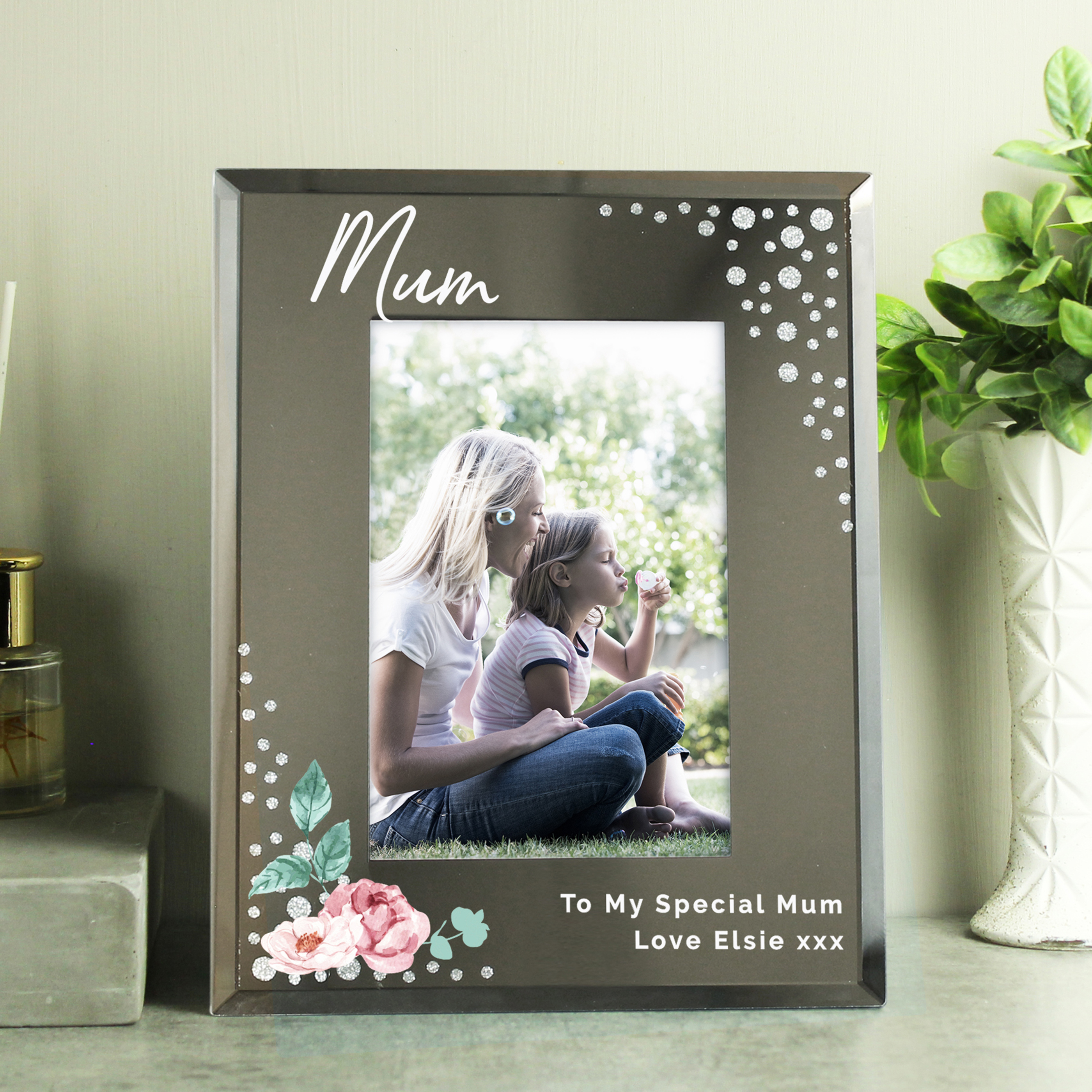 Personalised Floral 4x6 Diamante Glass Photo Frame