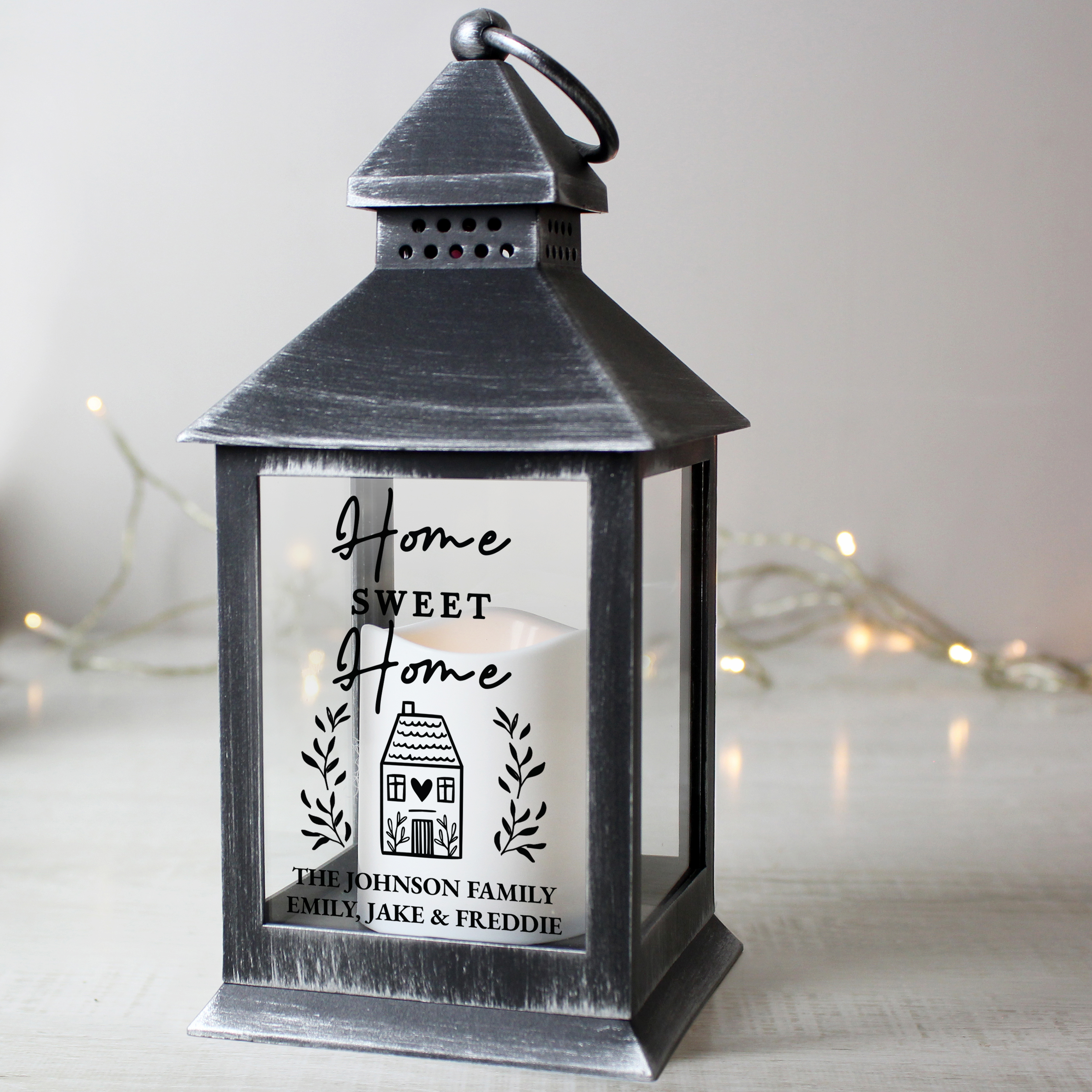 Personalised Home Sweet Home Black LED Lantern | Warm Flame Effect