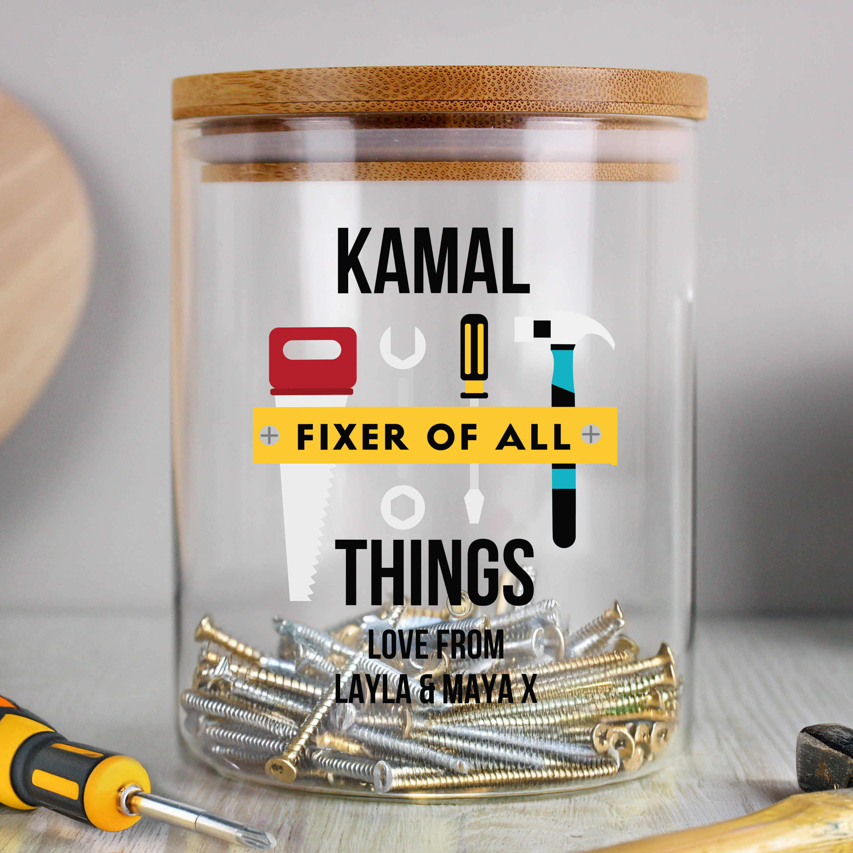 Personalised Fixer of All Things Storage Jar - Glass & Bamboo