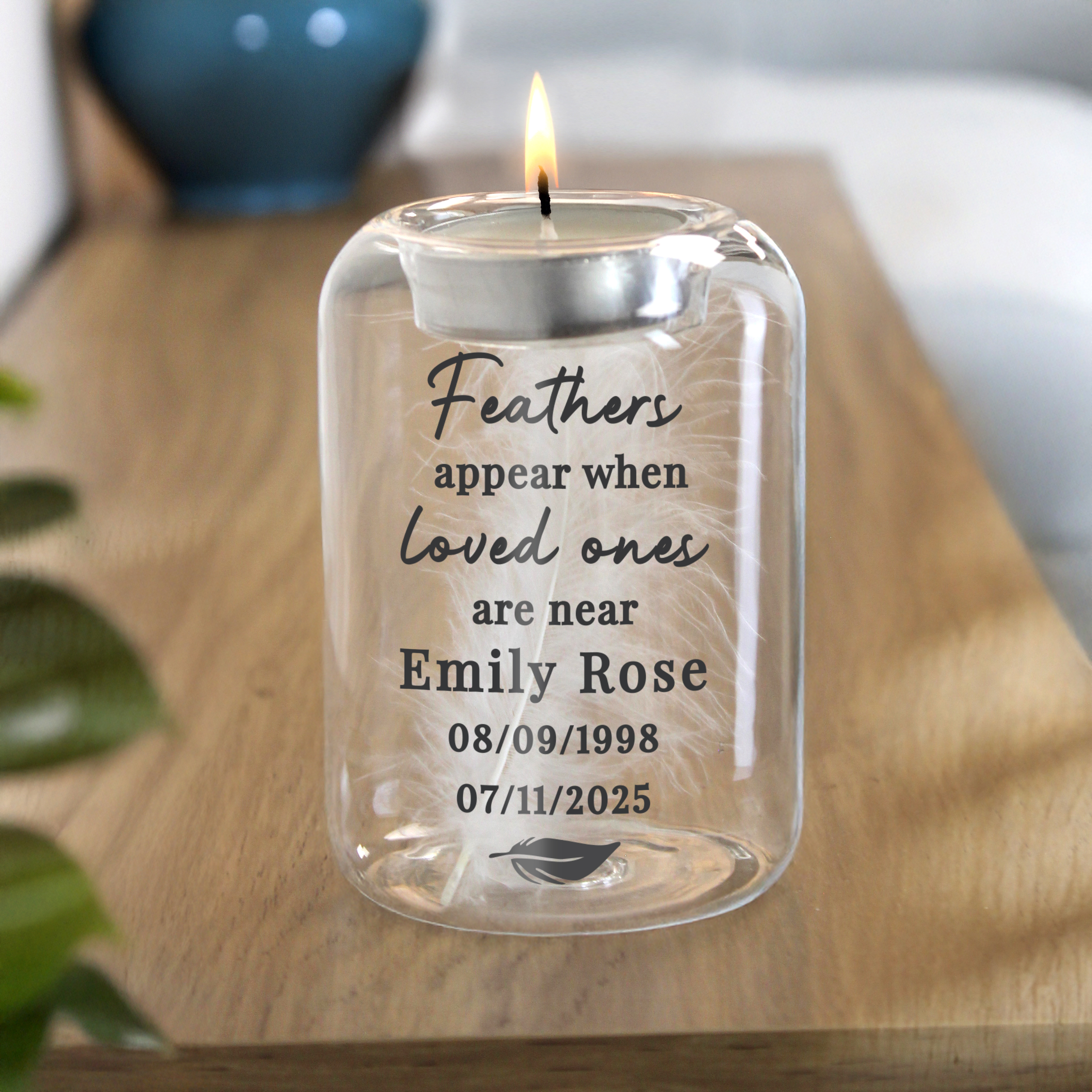 Personalised Memorial Feather Tealight Holder - Glass Keepsake