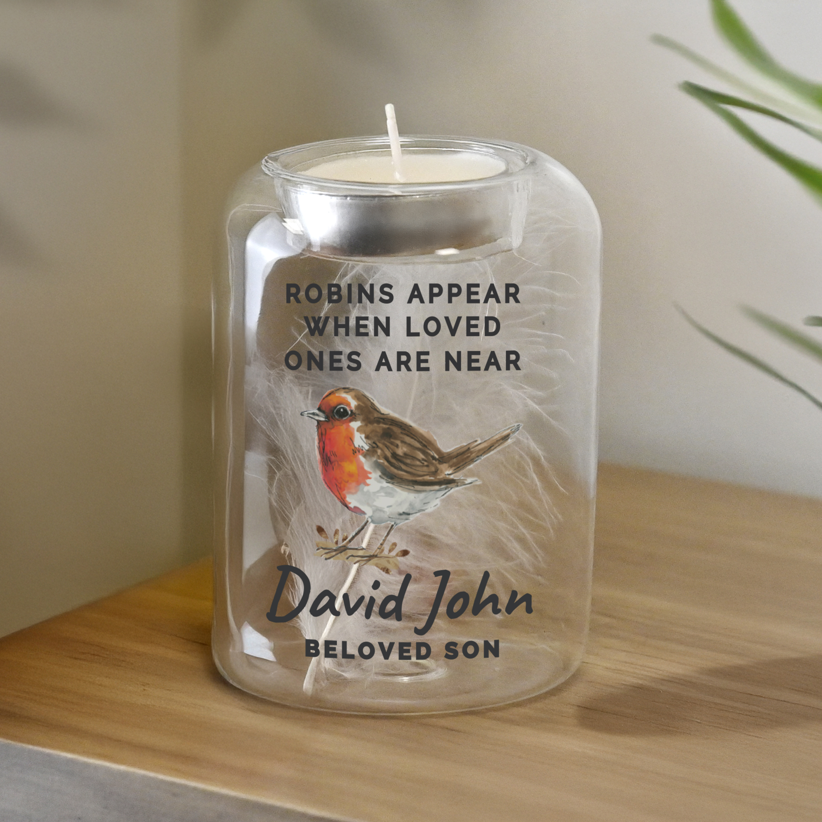 Personalised Robin Feather Memorial Tealight Holder