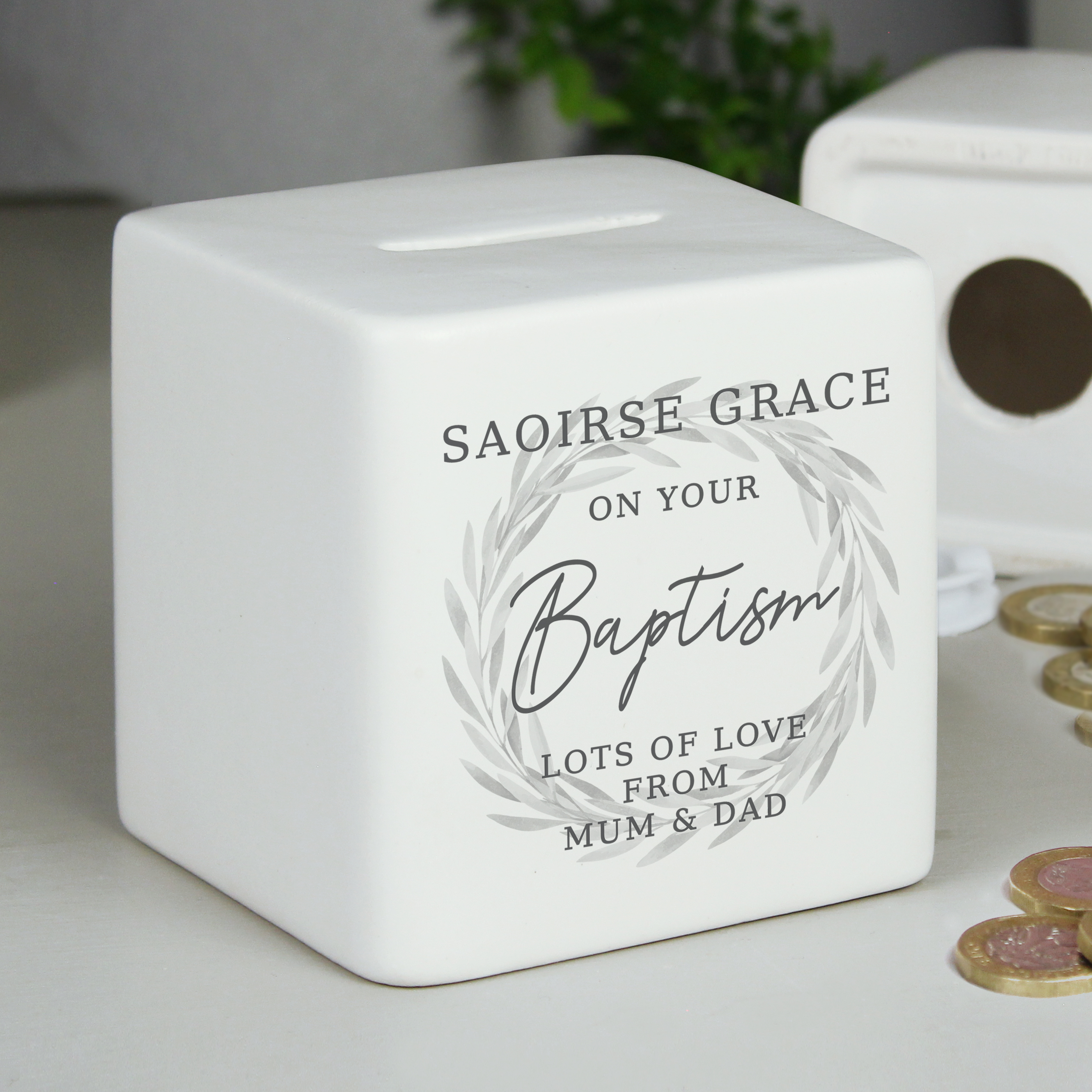 Personalised Wreath Ceramic Square Money Box | Custom Piggy Bank