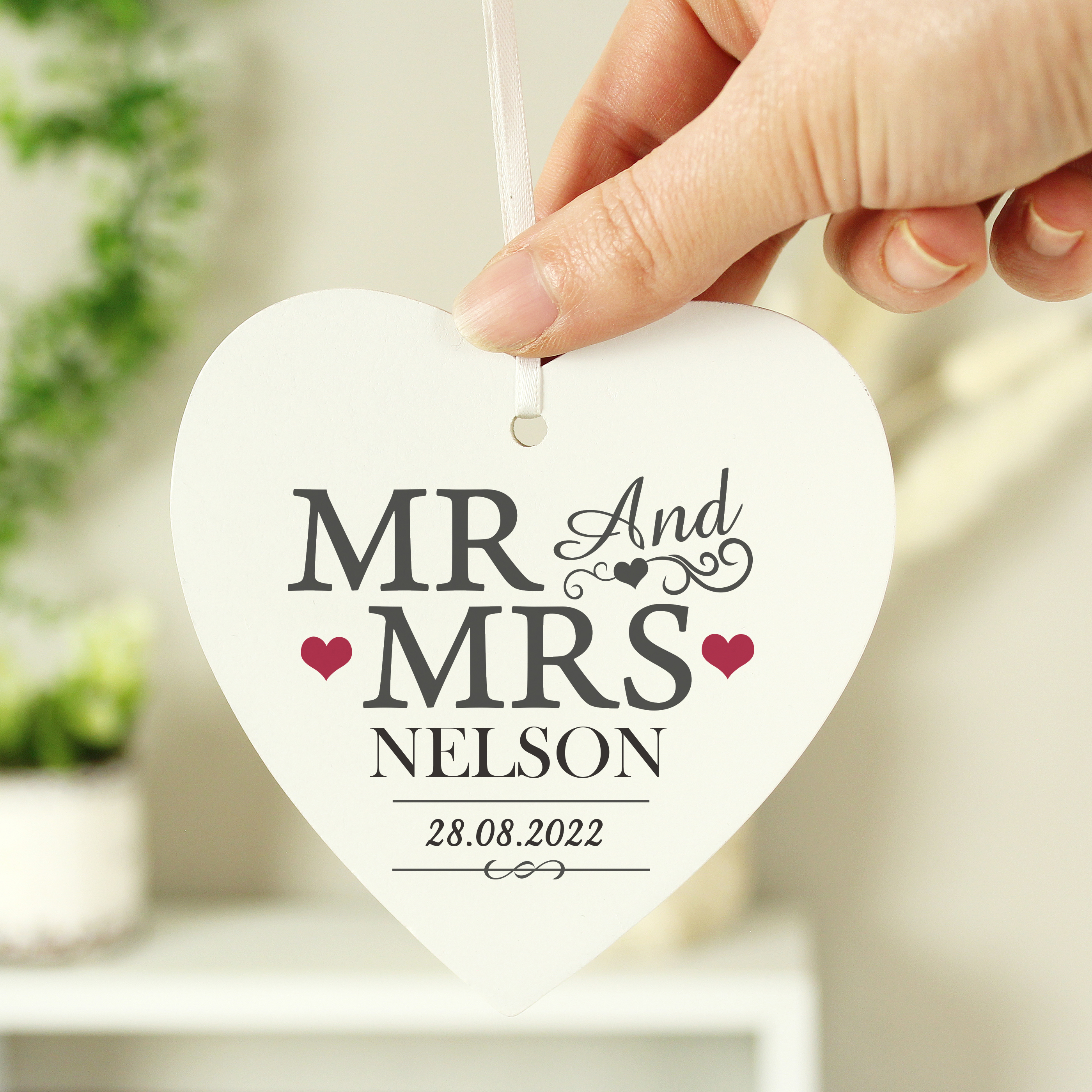 Personalised Mr & Mrs Wooden Heart Decoration | Custom Gift