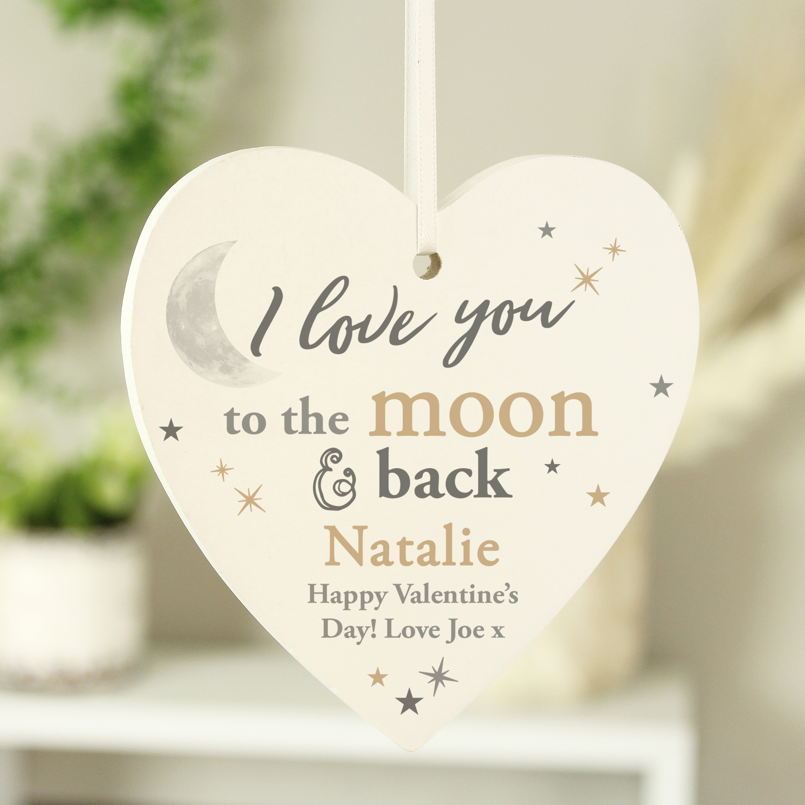Personalised To the Moon and Back Wooden Heart Decoration